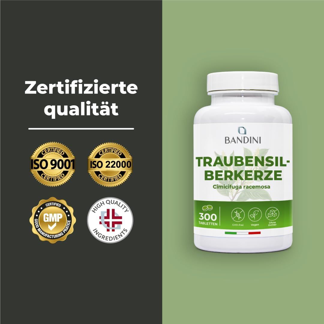 Weiße Flasche Bandini Traubensilberkerze Tabletten. Aufschrift: Traubensilberkerze, 300 Tabletten. Zertifizierte Qualität.