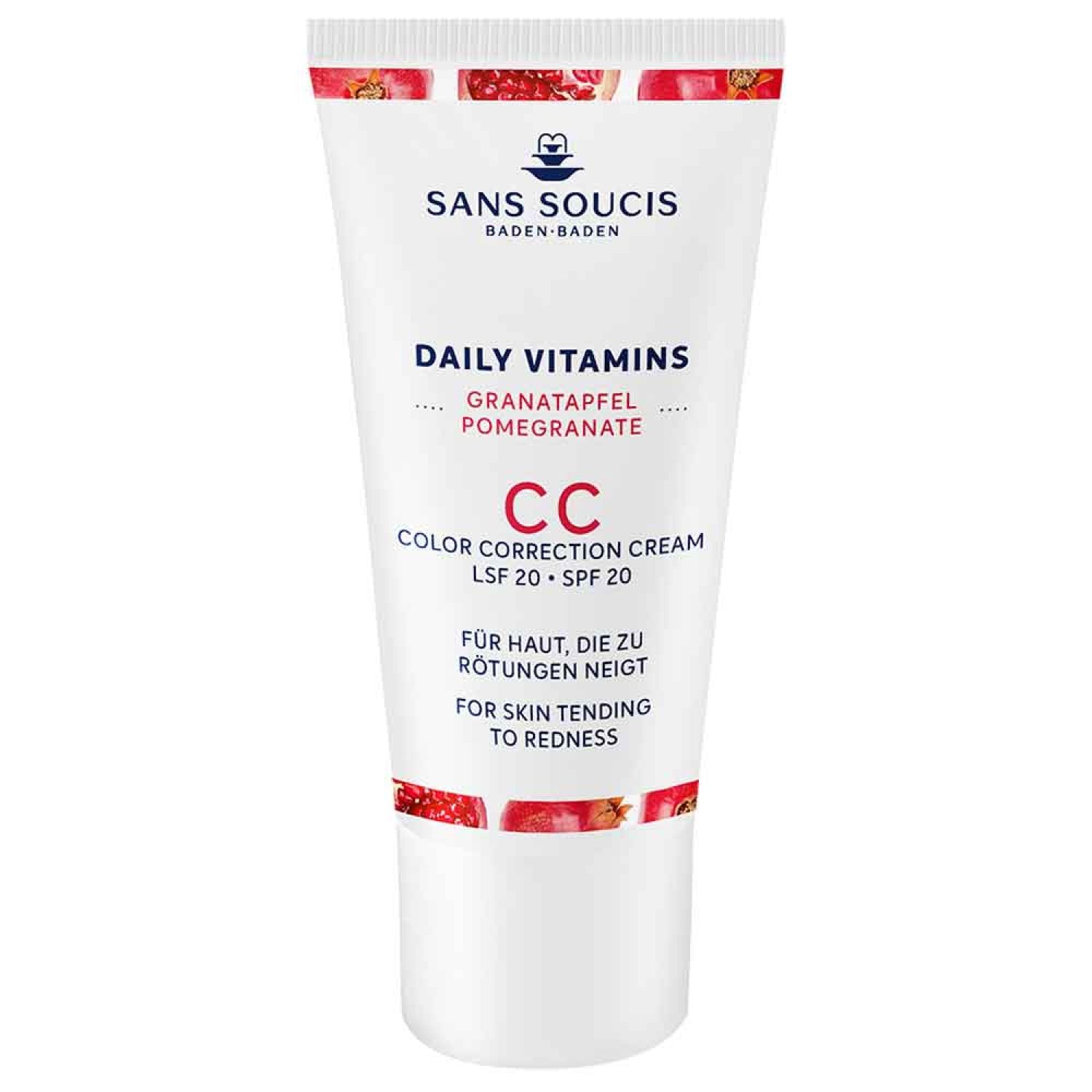 Weiße Tube mit rotem Granatapfel-Design. Aufschrift: Sans Soucis, Daily Vitamins, CC Color Correction Cream, LSF 20. Für Haut, die zu Rötungen neigt.