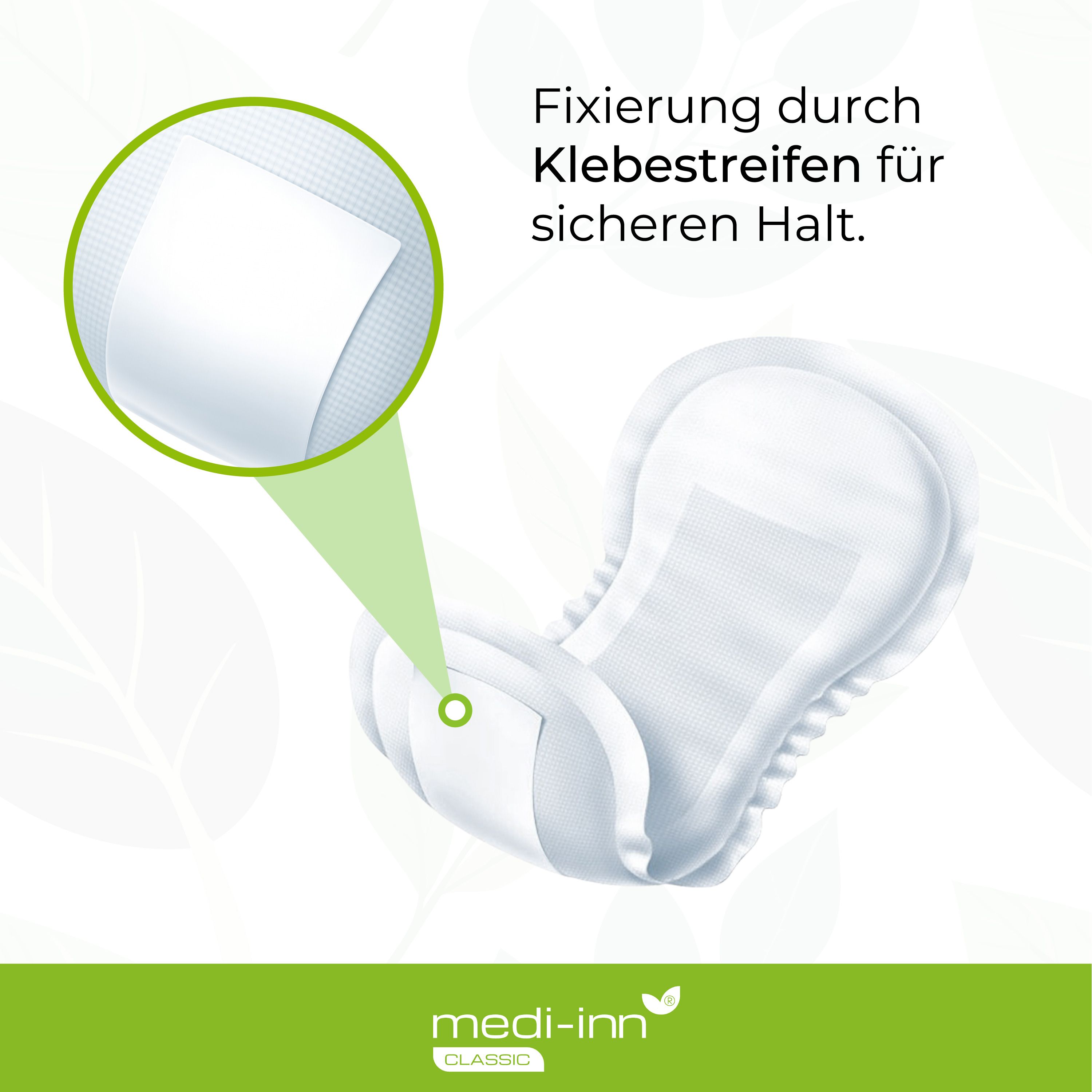 Weiße Inkontinenzeinlage mit Klebestreifen. Beschriftung: Fixierung durch Klebestreifen.