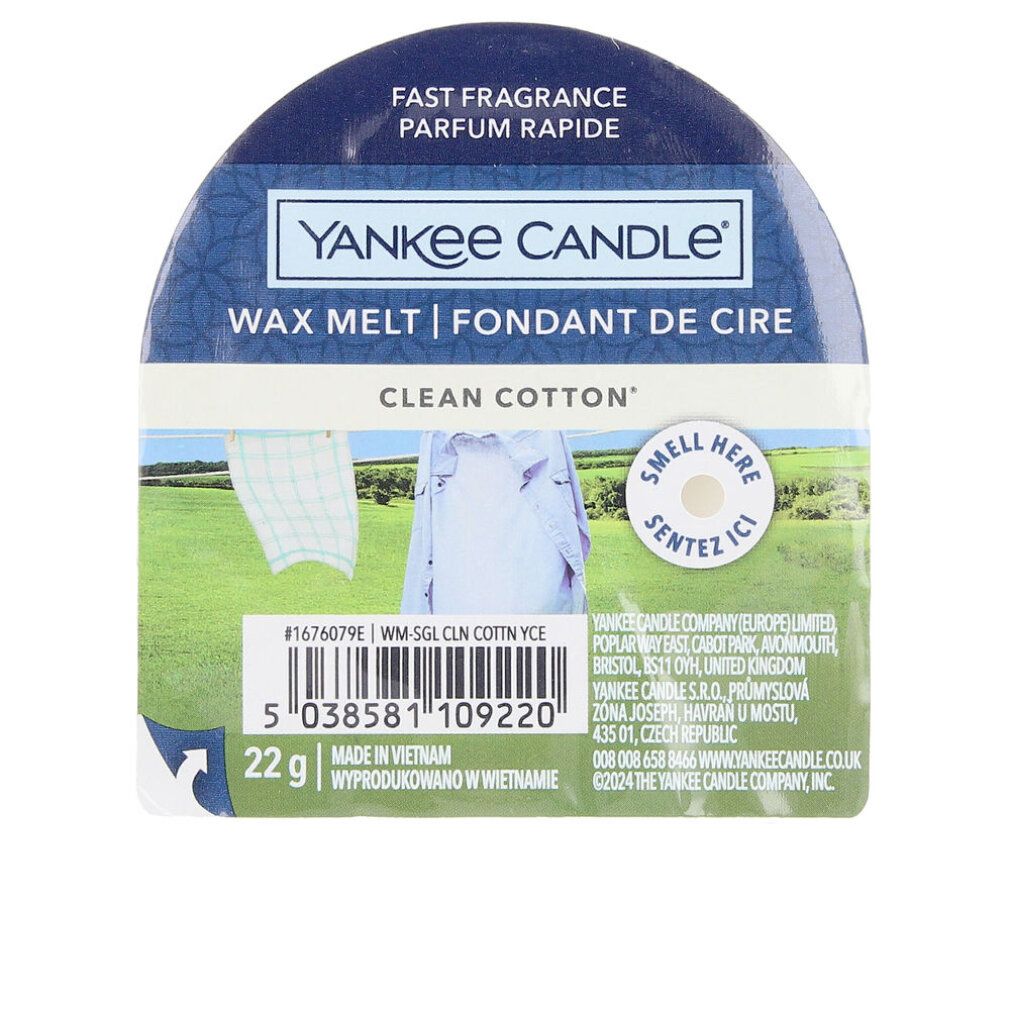 Yankee Candle Clean Cotton Wachs-Melts-Verpackung. Halbkreisförmig, mit Produktinformationen, Text und Abbildung von Wäsche auf der Leine.