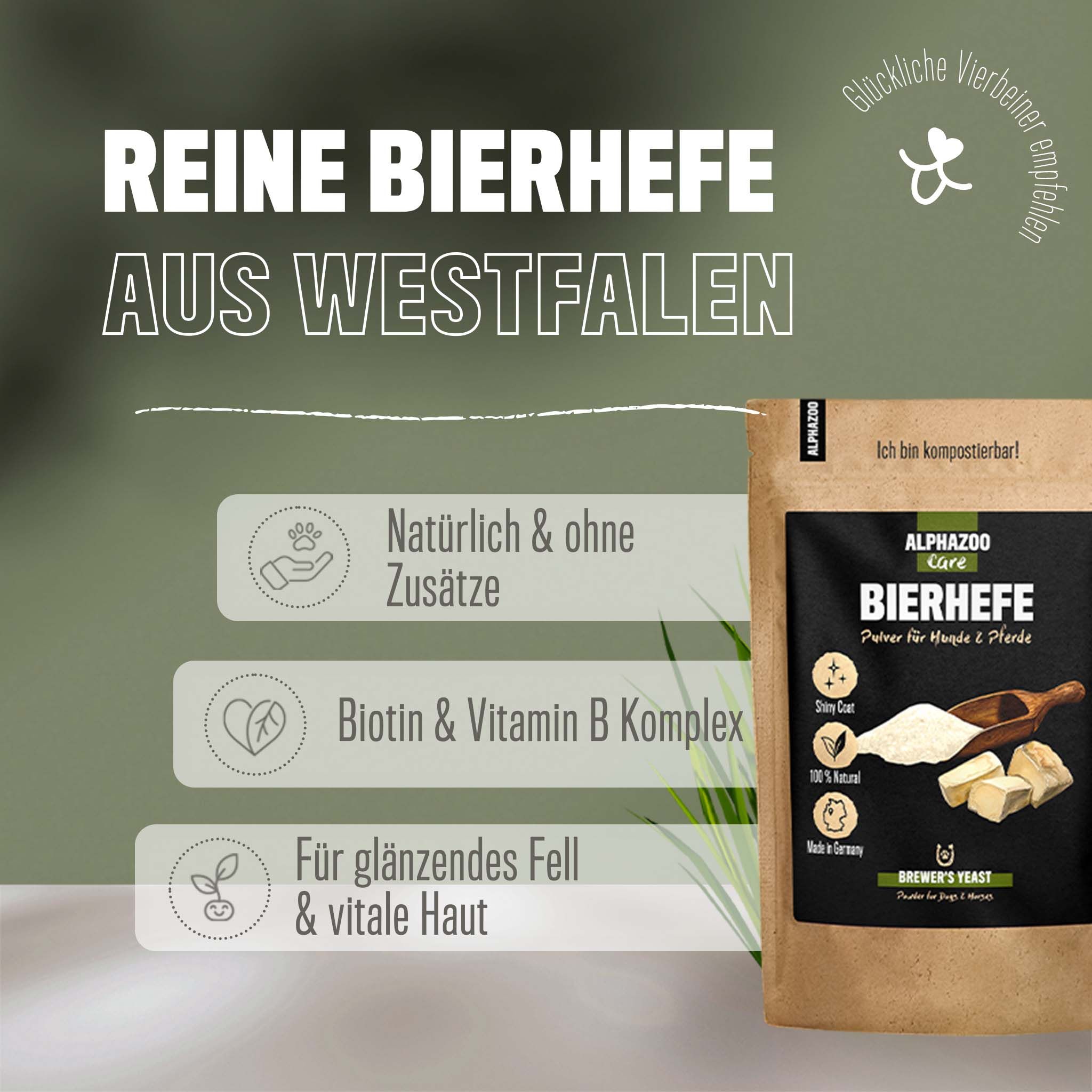 Braune Tüte mit ALPHAZOO Bierhefe Pulver. Text: Reine Bierhefe aus Westfalen. Icons: Natürliche Zusätze, Biotin & Vitamin B Komplex, glänzendes Fell.