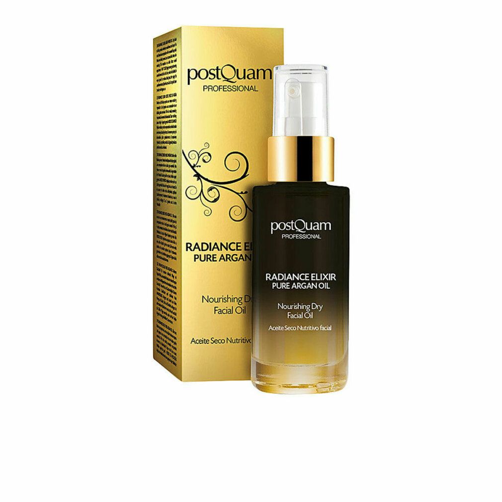 Flakon mit goldfarbenem Deckel und Spender neben goldfarbener Schachtel. Aufschrift: RADIANCE ELIXIR PURE ARGAN OIL.