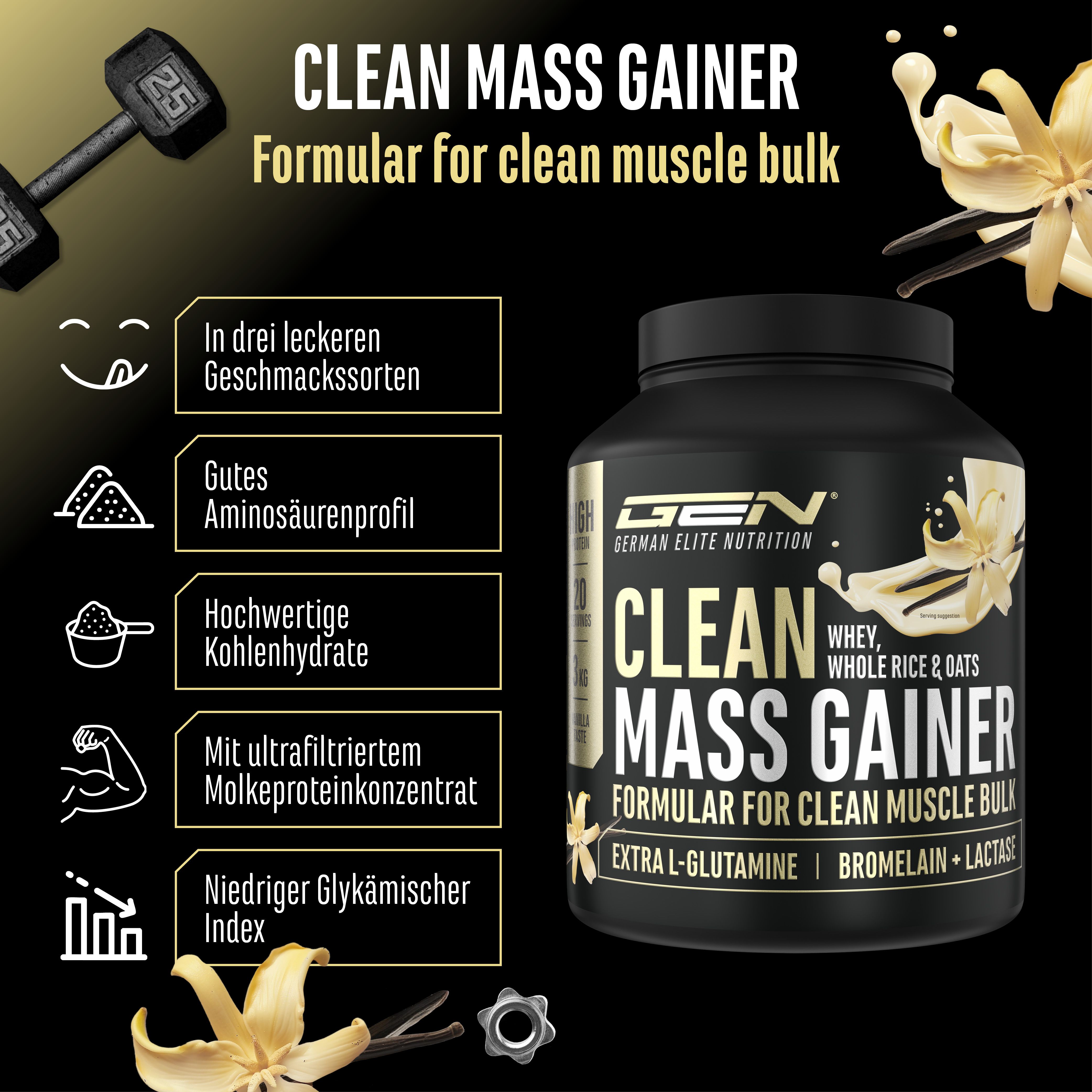 Schwarze Dose Clean Mass Gainer mit Text und Illustrationen. Enthält Informationen zu Geschmacksrichtungen, Aminosäurenprofil und Kohlenhydraten.