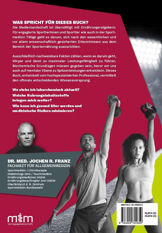 Buchcover. Titel: WAS SPRICHT FÜR DIESES BUCH? Autorenfoto. Sportler heben Gewichte. Text über Ernährung für Sportler.