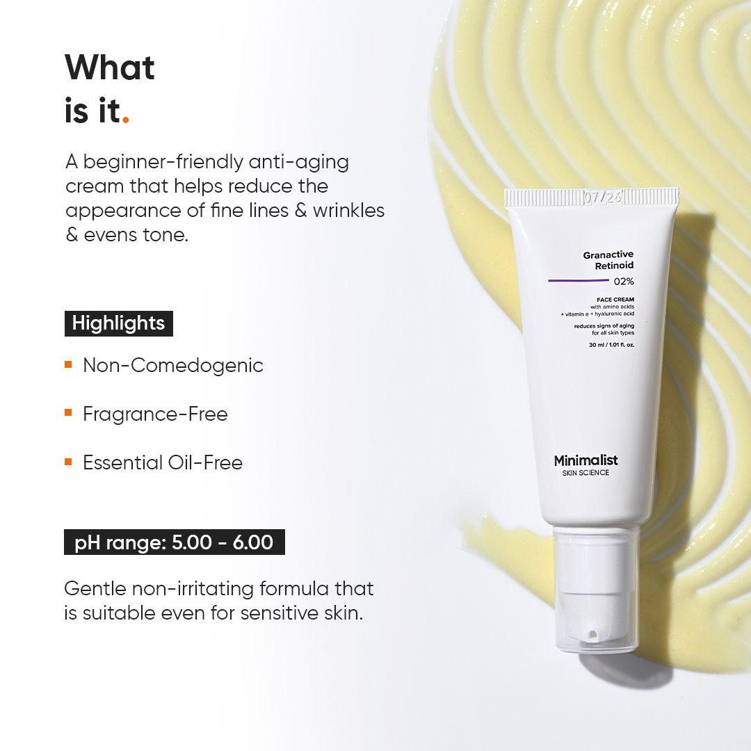 Weiße Tube mit Produkt. Text: Granactive Retinoid 02% Face Cream. Gelbe Creme auf dem Hintergrund.