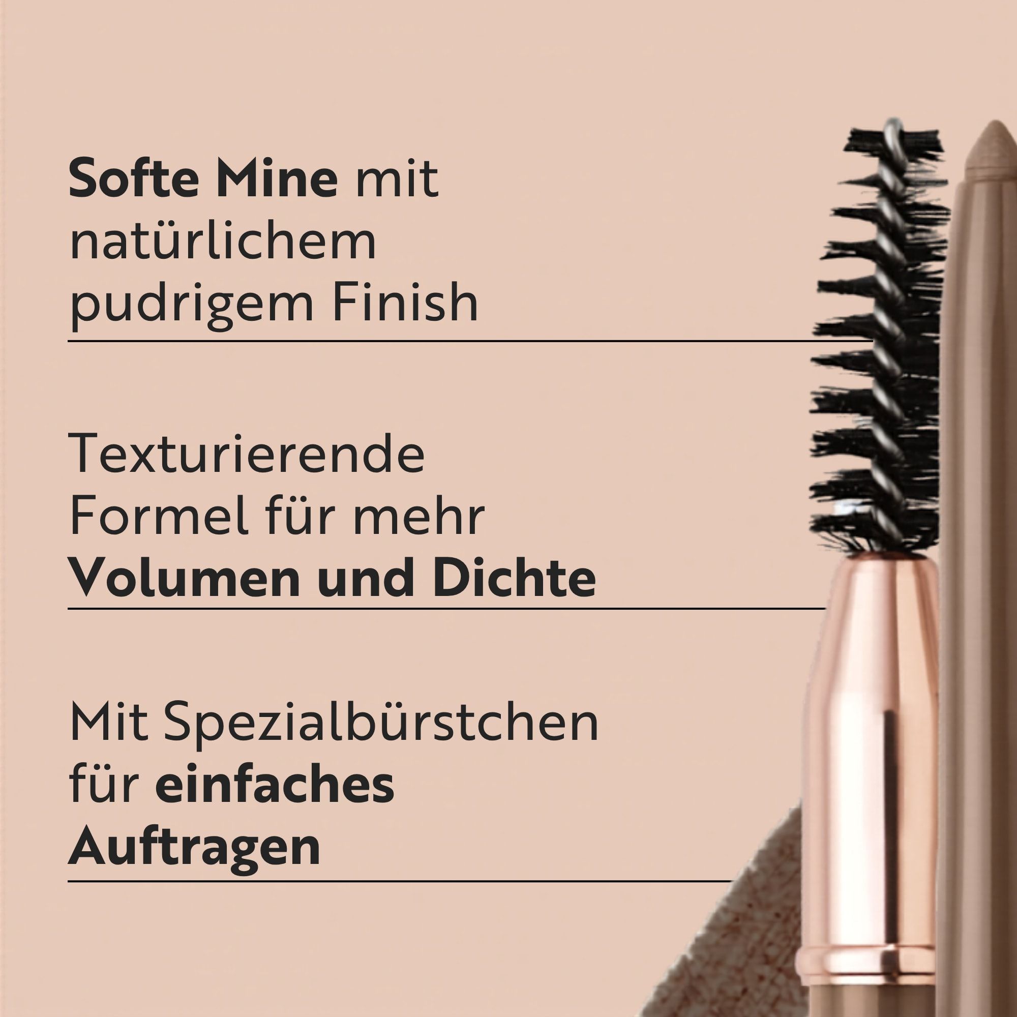 Nahaufnahme eines Augenbrauenstifts mit Textangaben zu weicher Mine und Textur.