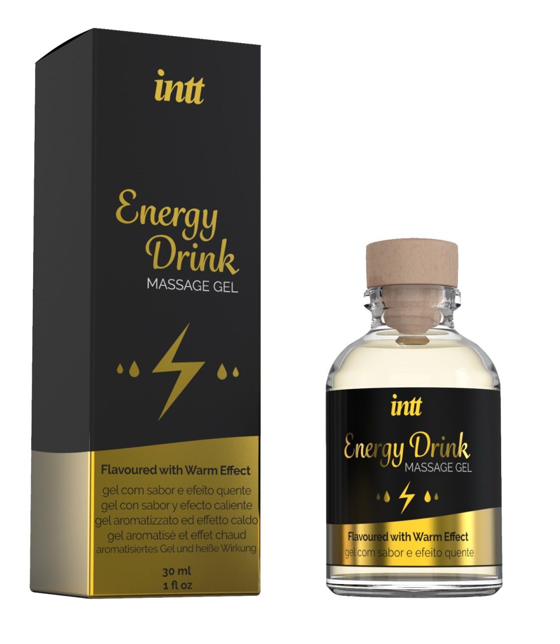 Produktverpackung und Flasche. Schwarze Schachtel und Glasflasche mit Holzverschluss. Etiketten mit goldener Schrift: intt Energy Drink Massage Gel.