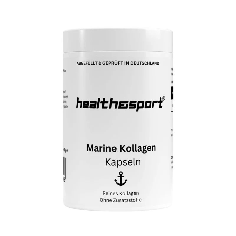 Weiße Dose mit schwarzer Schrift. "health & sport" und "Marine Kollagen Kapseln" sind sichtbar. Anker-Symbol.
