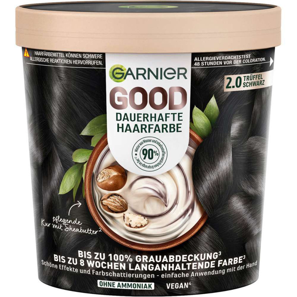 Garnier Good Haarfarbe. Schwarze Haarfarbe in Dose. Produktabbildung mit Produktnamen, Inhaltsstoffen und Zertifizierungen.