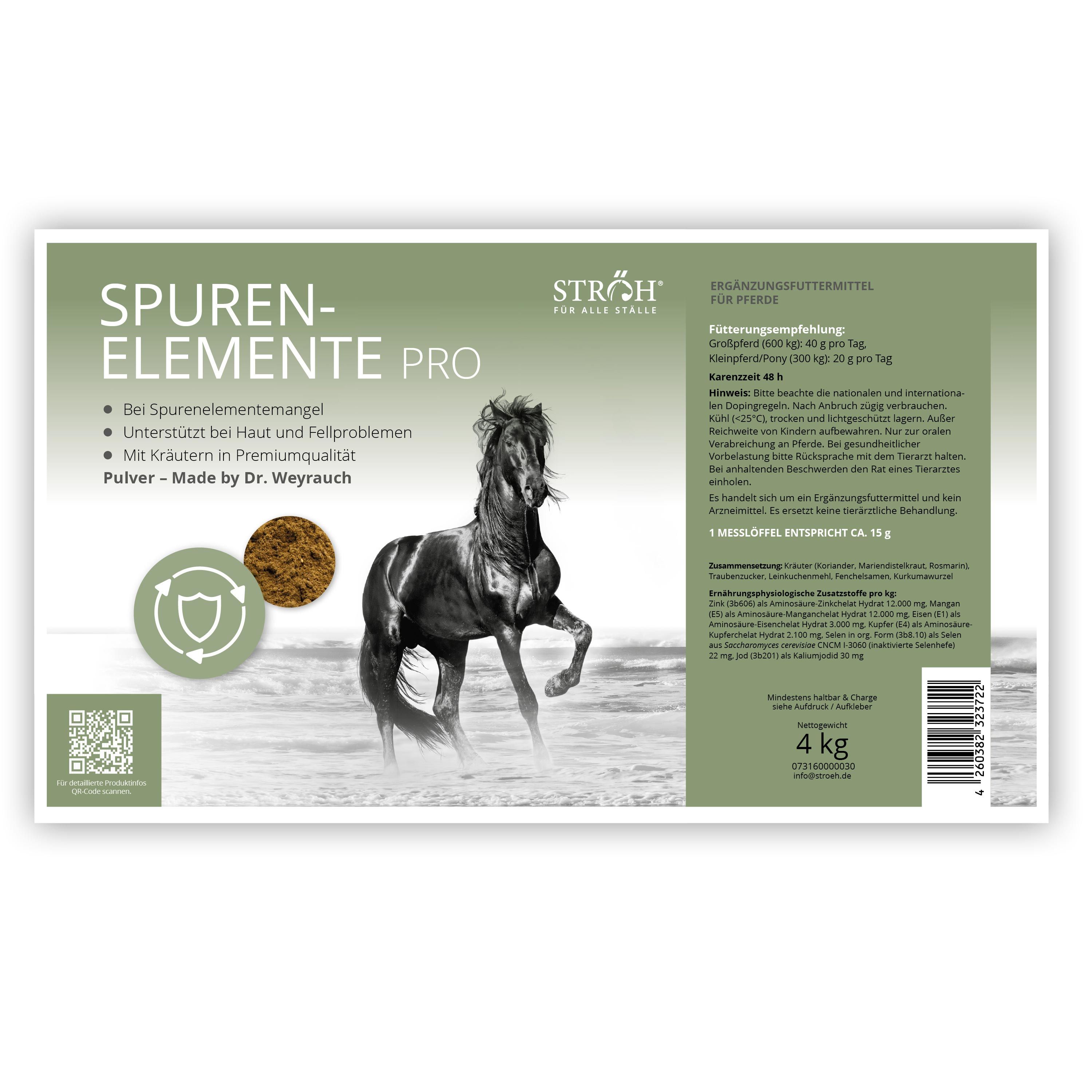 Etikett mit Produktname und Pferd-Illustration. Text: Spurenelemente Pro. 4 kg. Für Pferde.