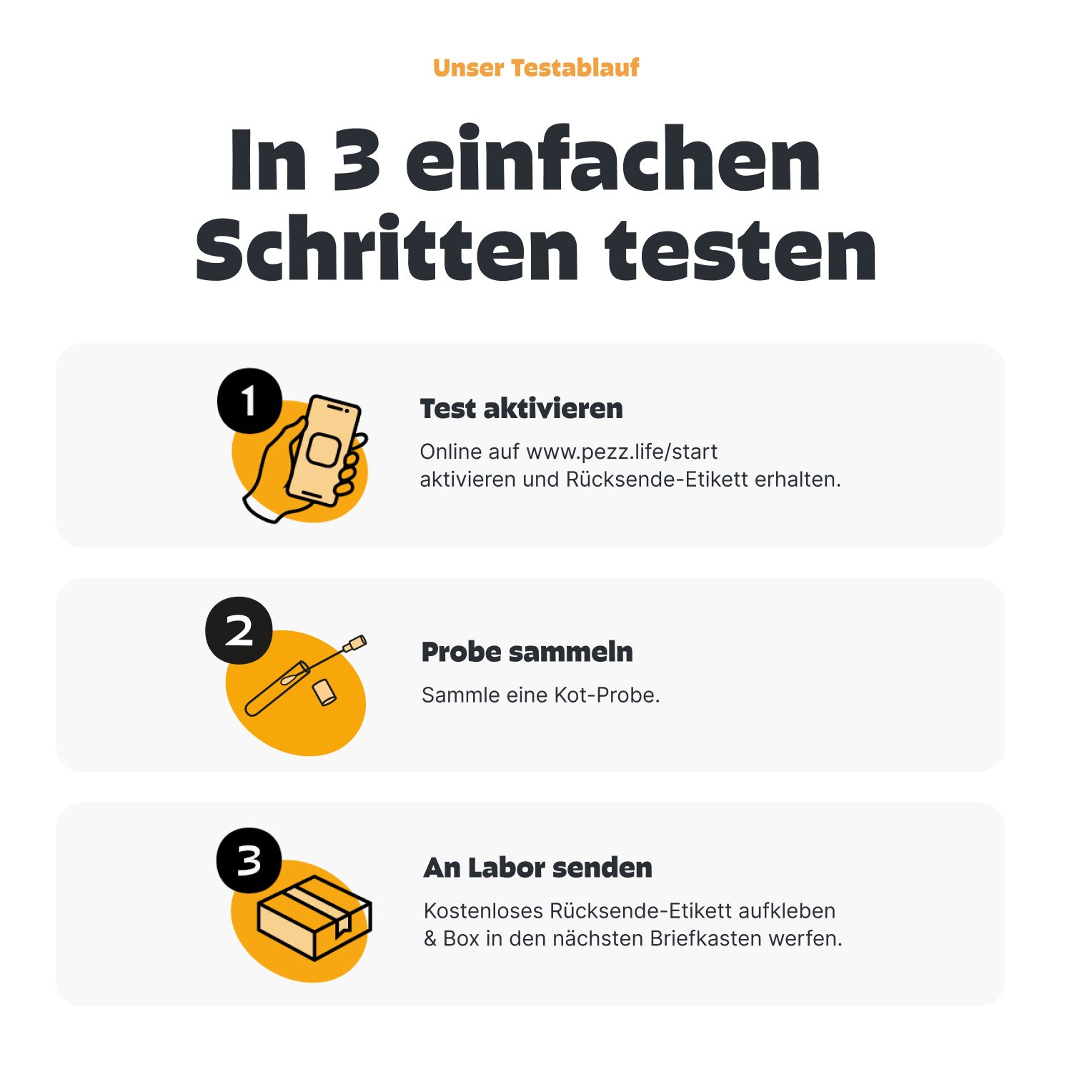 Infografik: Test in 3 Schritten. 1. Test aktivieren. 2. Probe sammeln. 3. An Labor senden. Illustrationen.