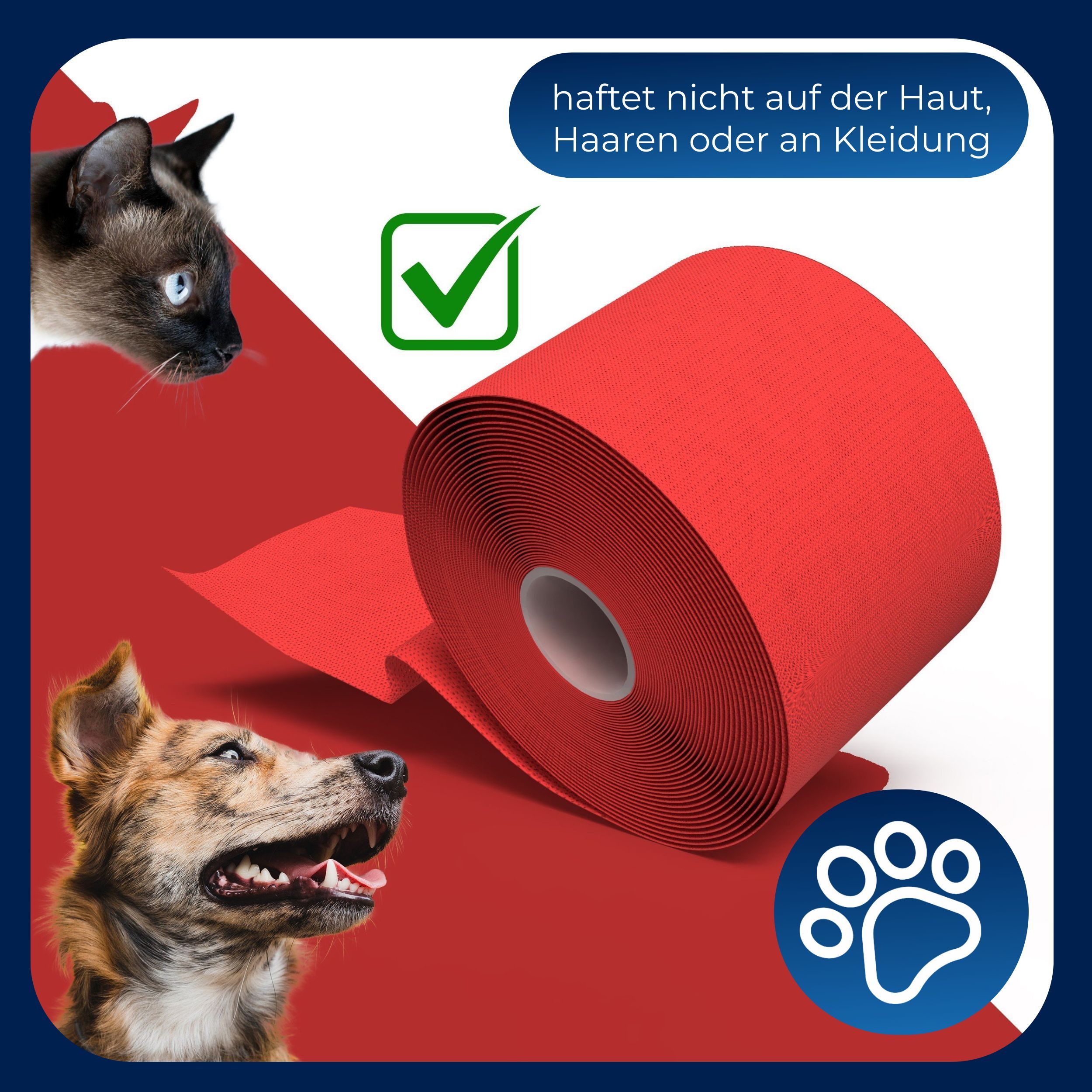 Rolle rote, kohäsive Fixierbinde. Text: Haftet nicht auf Haut, Haaren oder Kleidung. Abbildung Katze, Hund, Pfoten-Symbol.