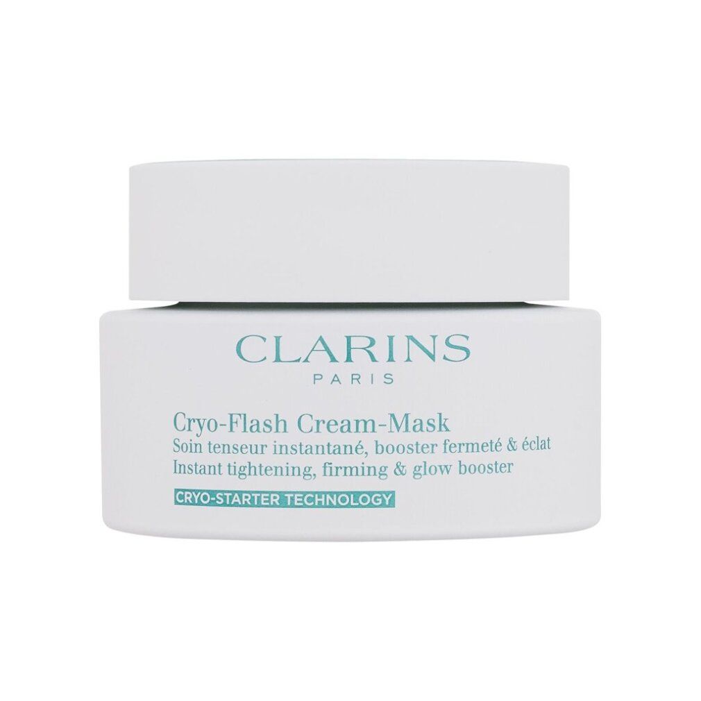 Weißer Tiegel mit Deckel. Aufschrift: Clarins, Cryo-Flash Cream-Mask. Text: Instant tightening, firming & glow booster.