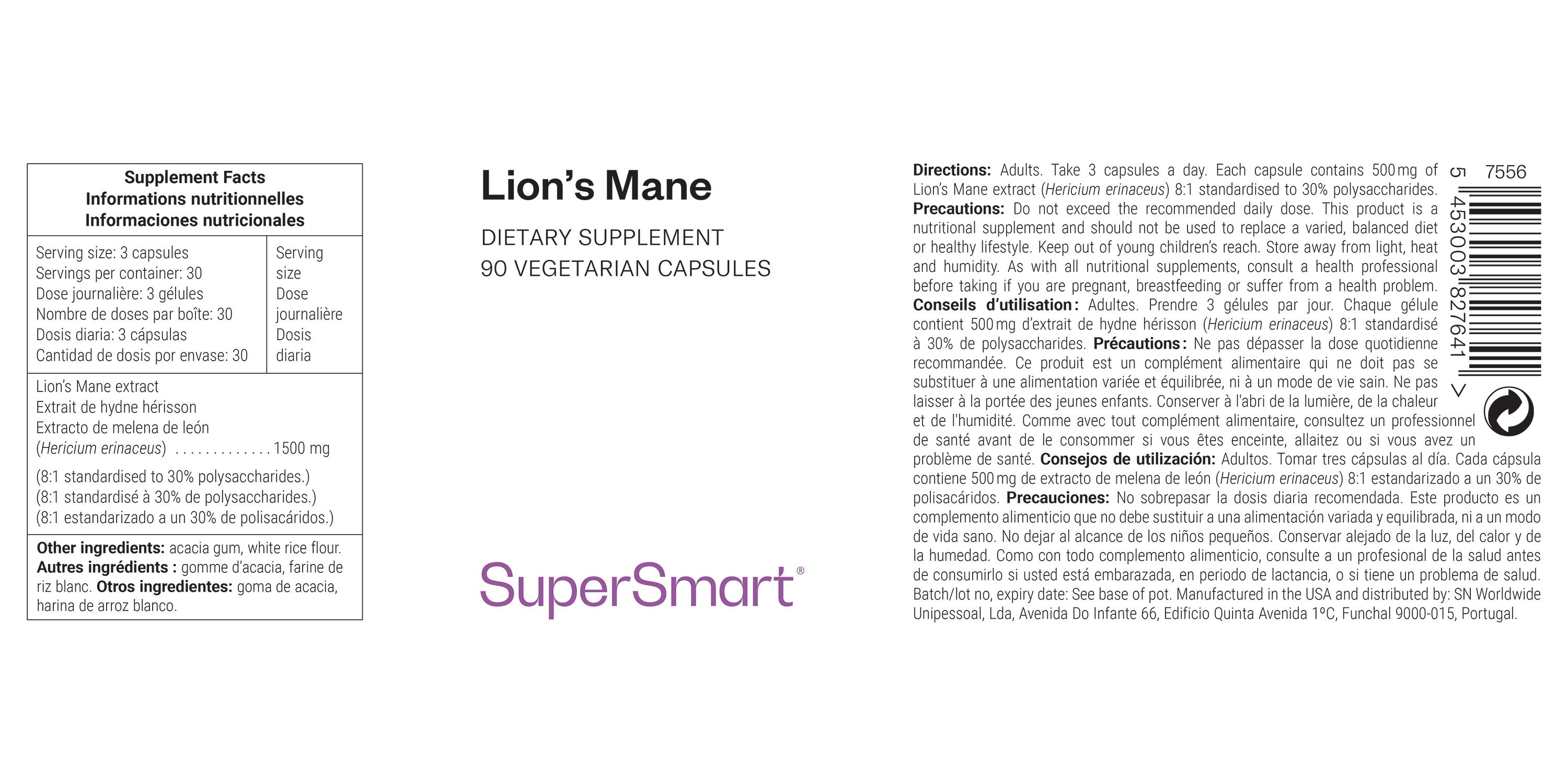 Etikett mit Produktinformationen. "Lion's Mane" und "SuperSmart" sind sichtbar. Enthält Nährwertangaben und Inhaltsstoffe.
