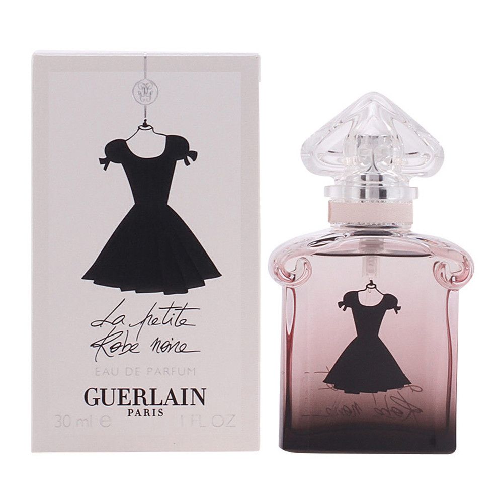 Parfümflakon und Schachtel. Flakon mit schwarzem Kleid-Design. Schachtel mit Kleid-Illustration und Schriftzug. Marke Guerlain.