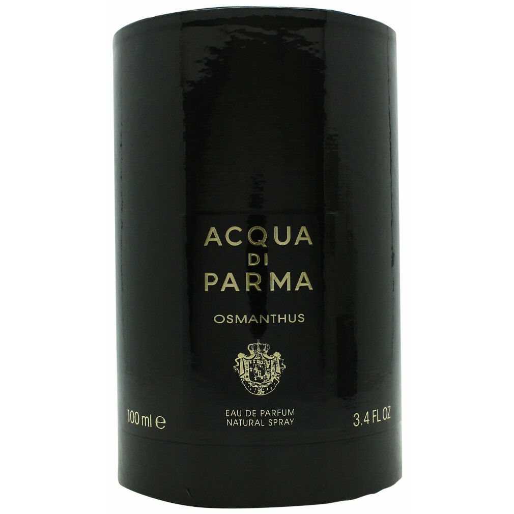 Schwarze zylindrische Verpackung mit goldfarbenem Schriftzug. Aufschrift: Acqua di Parma Osmanthus Eau de Parfum Spray.