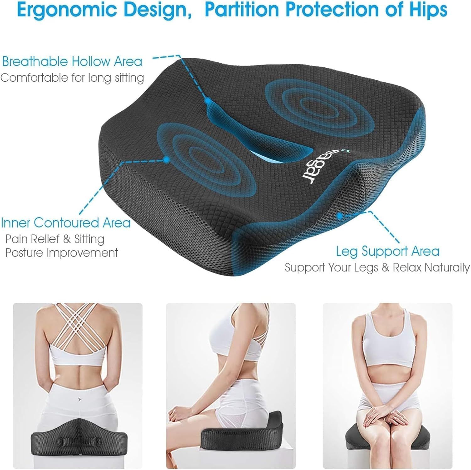 Schwarzes orthopädisches Sitzkissen mit Aussparung. Bereiche markiert: Hüften, Beine. Text: Ergonomisches Design.
