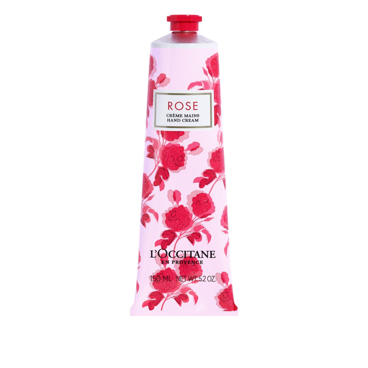 Handcreme-Tube mit Rosenmuster. "Rose" und "L'Occitane en Provence" Schriftzug. Roter Verschluss.