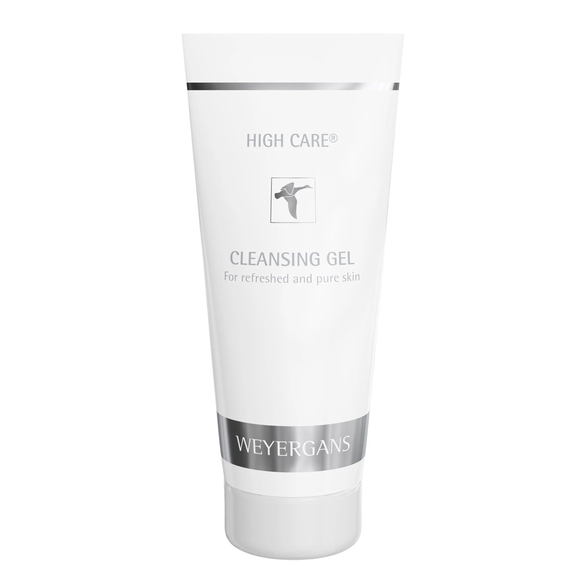 Weiße Tube mit silbernen Akzenten. Aufschrift: HIGH CARE, CLEANSING GEL, WEYERGANS. Enthält ein Logo.