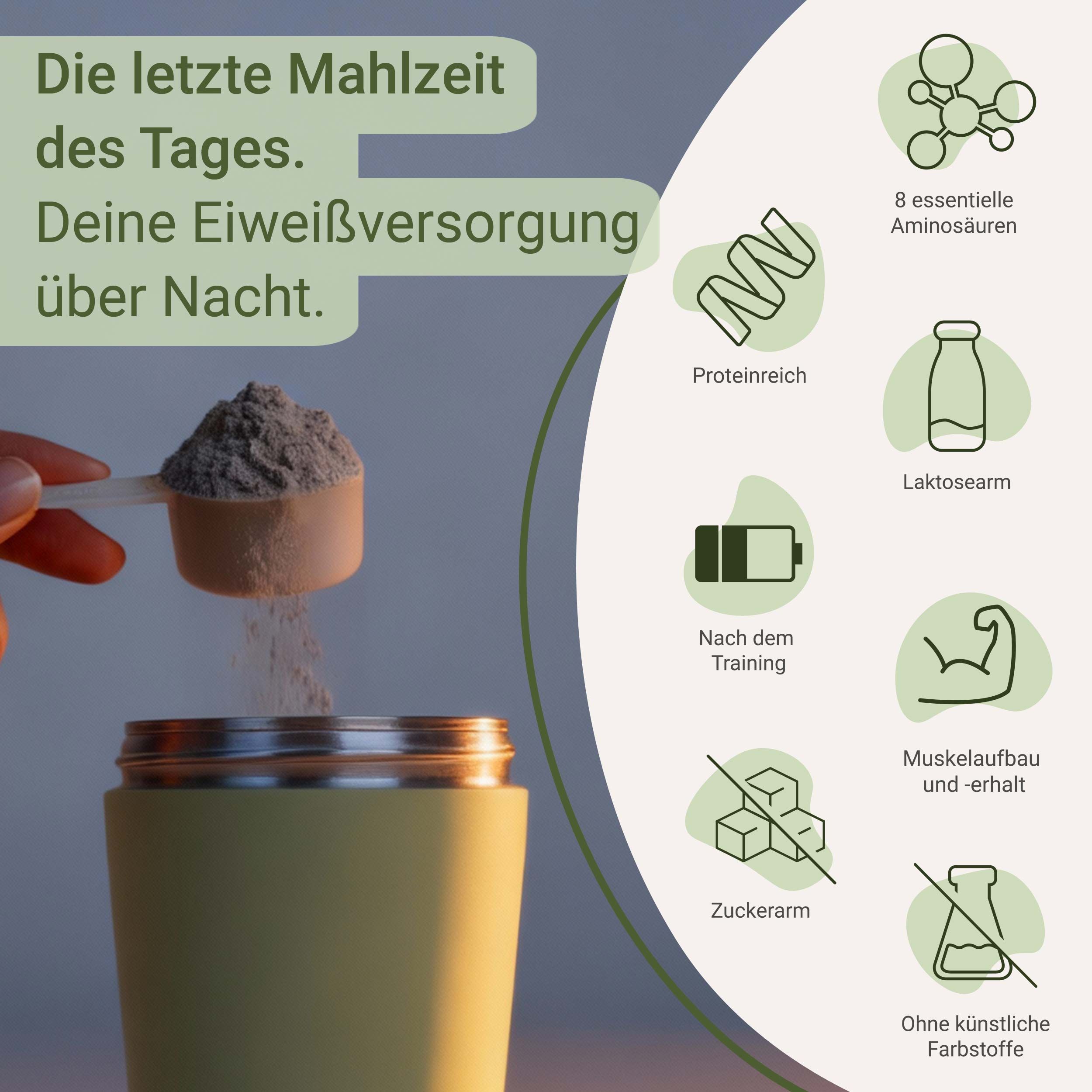 Person hält Löffel mit Pulver über Shaker. Icons: 8 Aminosäuren, proteinreich, laktosearm, nach dem Training, Muskelaufbau, zuckerarm, ohne Farbstoffe.