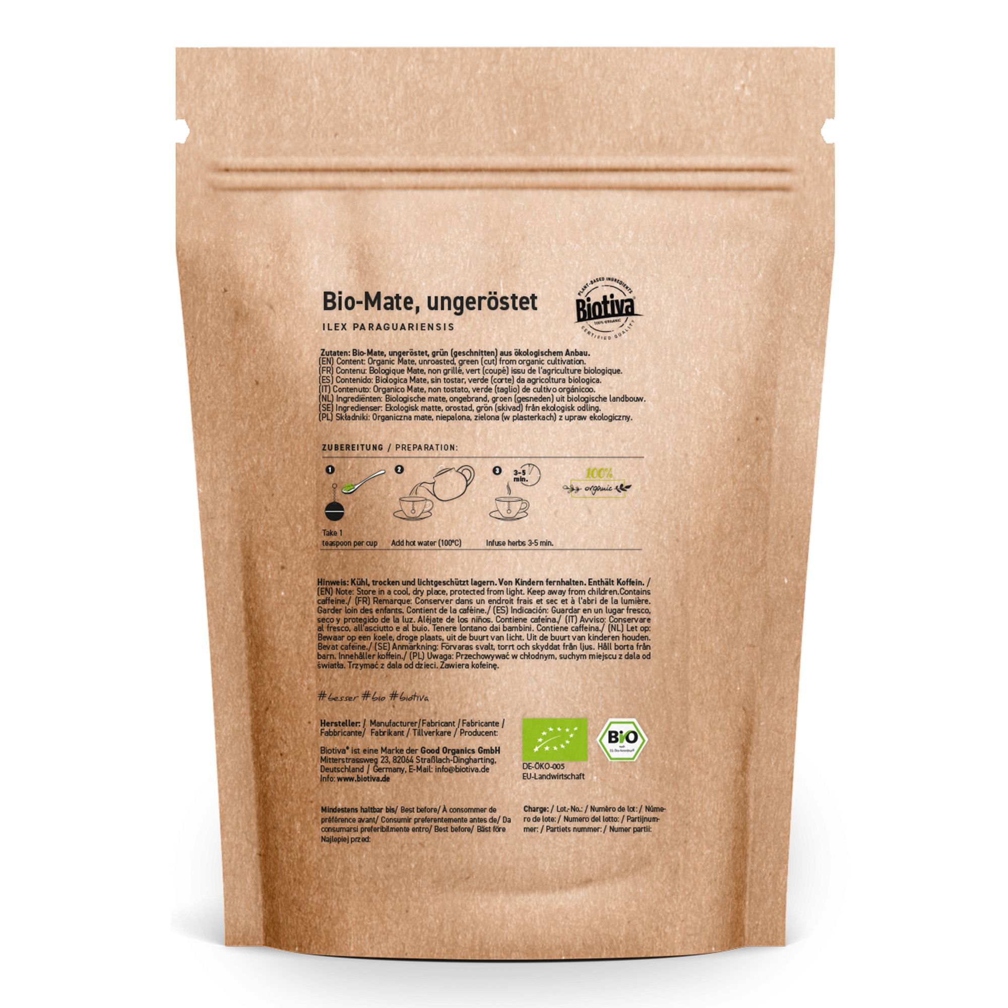 Rückseite der Papiertüte mit Biotiva-Logo und Text: Bio-Mate, ungeröstet. Text in mehreren Sprachen, Zubereitungshinweise und Bio-Siegel.