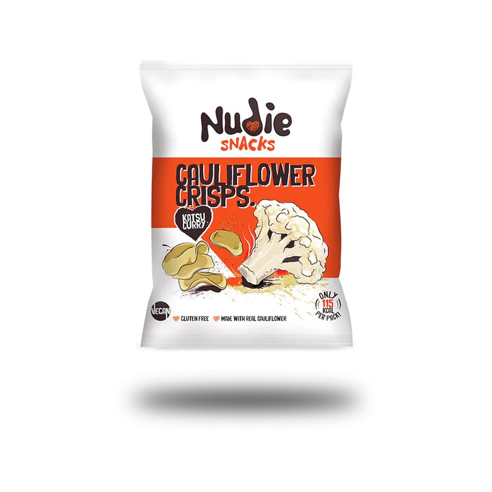 Verpackung mit Nudie Snacks Blumenkohl Chips Katsu Curry. Aufdruck: Blumenkohl, Chips, Schriftzug, Vegan-Siegel, glutenfrei.