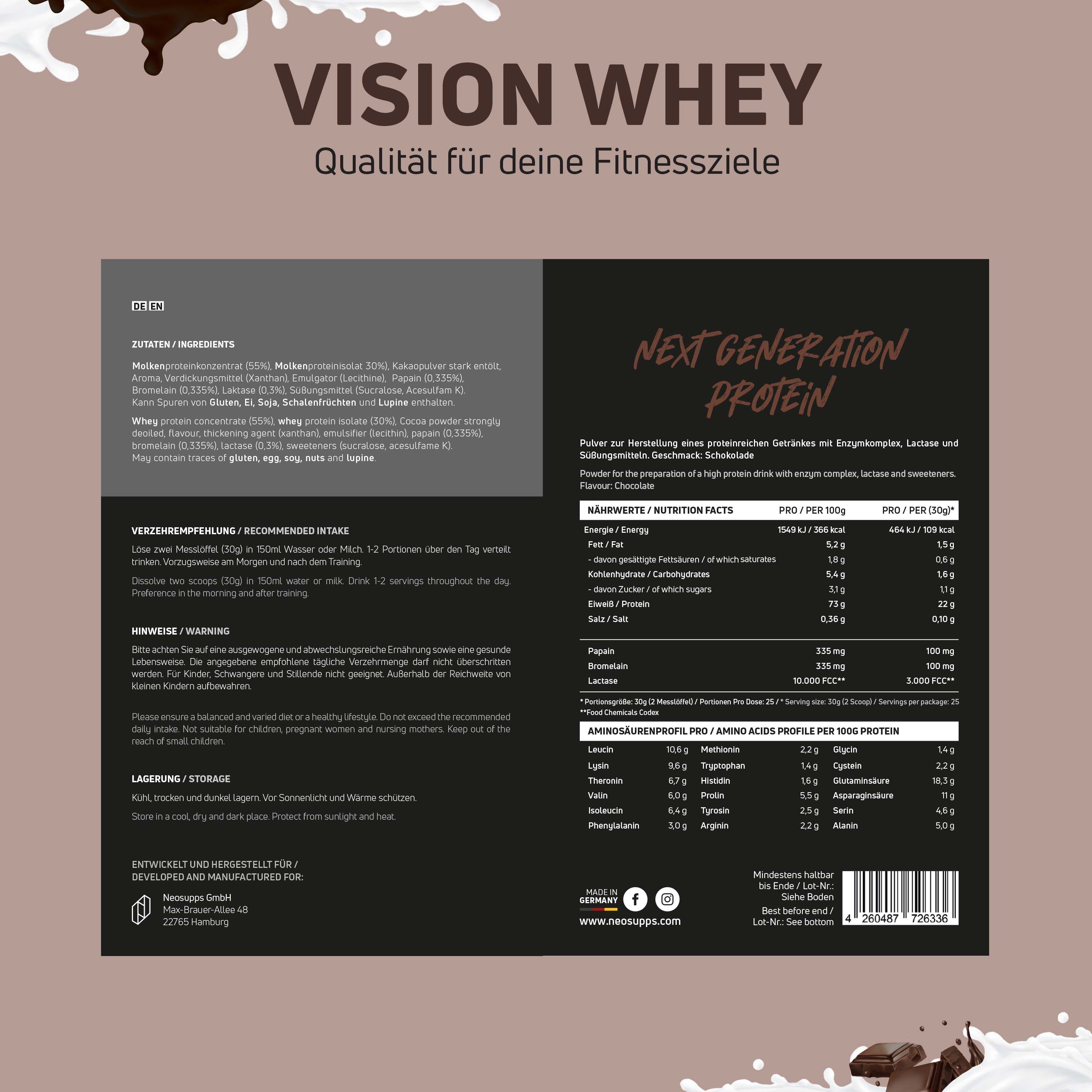Produktverpackung mit Informationen zu Vision Whey. Enthält Nährwertangaben, Zutaten, empfohlene Einnahme und Lagerungshinweise.