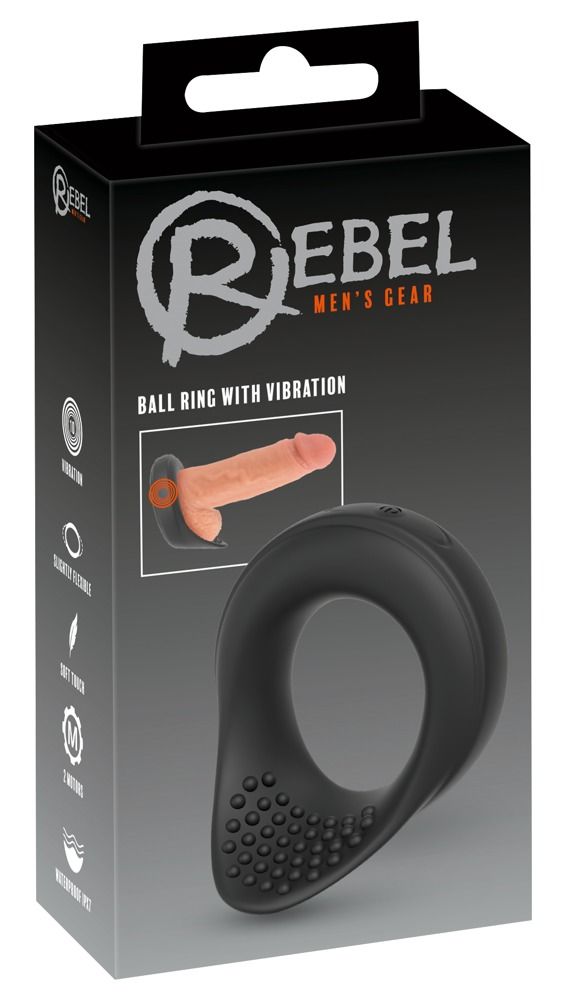 Schwarzer Ring mit Vibration, verpackt in einer schwarzen Box. Auf der Box steht "Rebel Men's Gear".