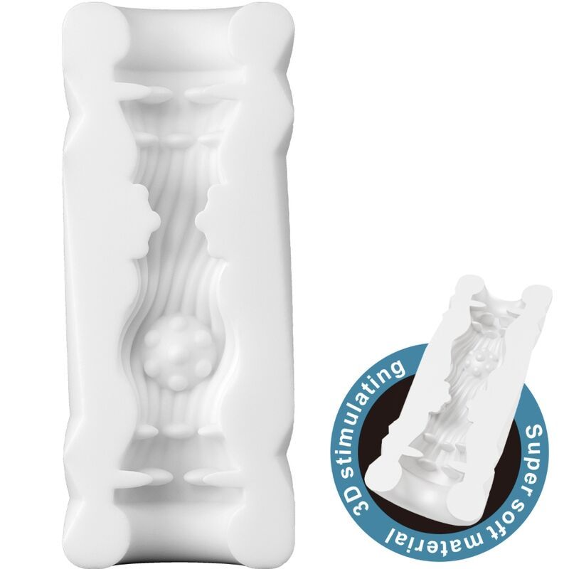 Weißer Masturbator mit inneren Strukturen und einem kreisförmigen Ausschnitt. Kleines Bild zeigt das Innere.