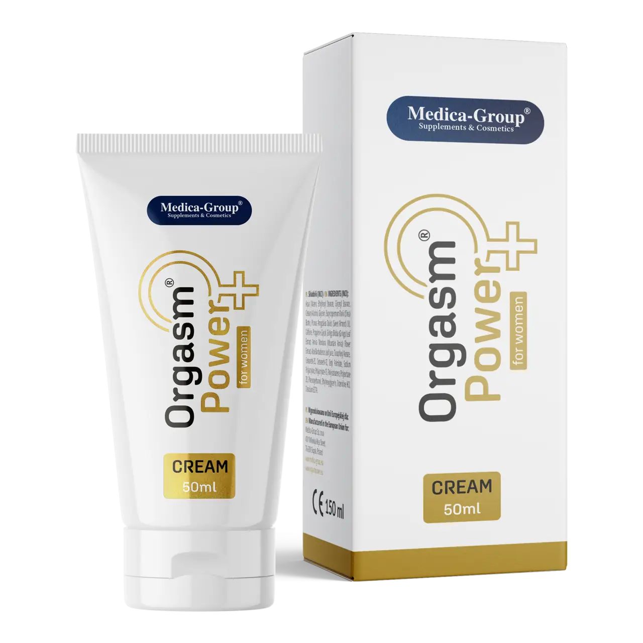 Creme-Tube und Schachtel. Aufschrift: Orgasm Power for women, Creme 50ml. Marke: Medica-Group. Weißes Design mit goldenen Akzenten.