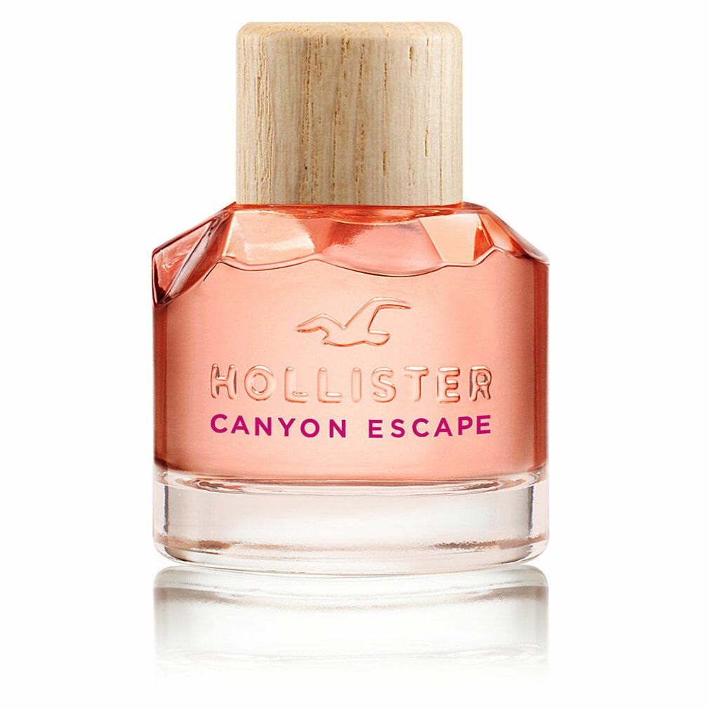 Rosa Glasflasche mit Holzdeckel. Aufschrift: Hollister Canyon Escape. Logo: Möwe.