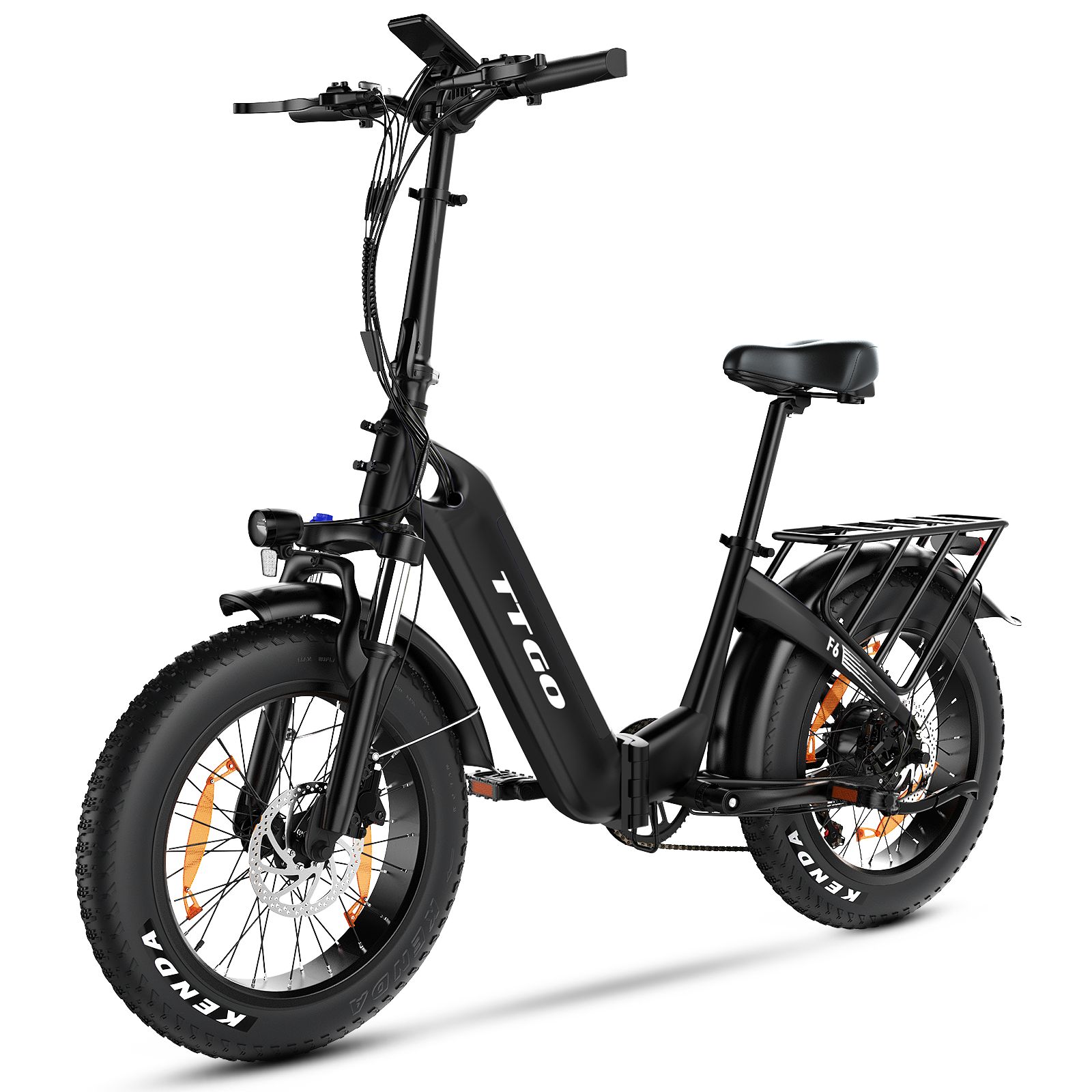 Schwarzes, zusammenklappbares E-Bike. TTGO-Logo sichtbar. Mit breiten Reifen, Gepäckträger und Schutzblechen. Details: Sattel, Pedale, Bremsen.