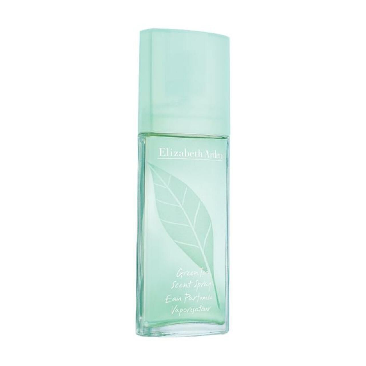 Grüner Flakon. Aufschrift: Elizabeth Arden, Green Tea Scent Spray. Blatt-Design.