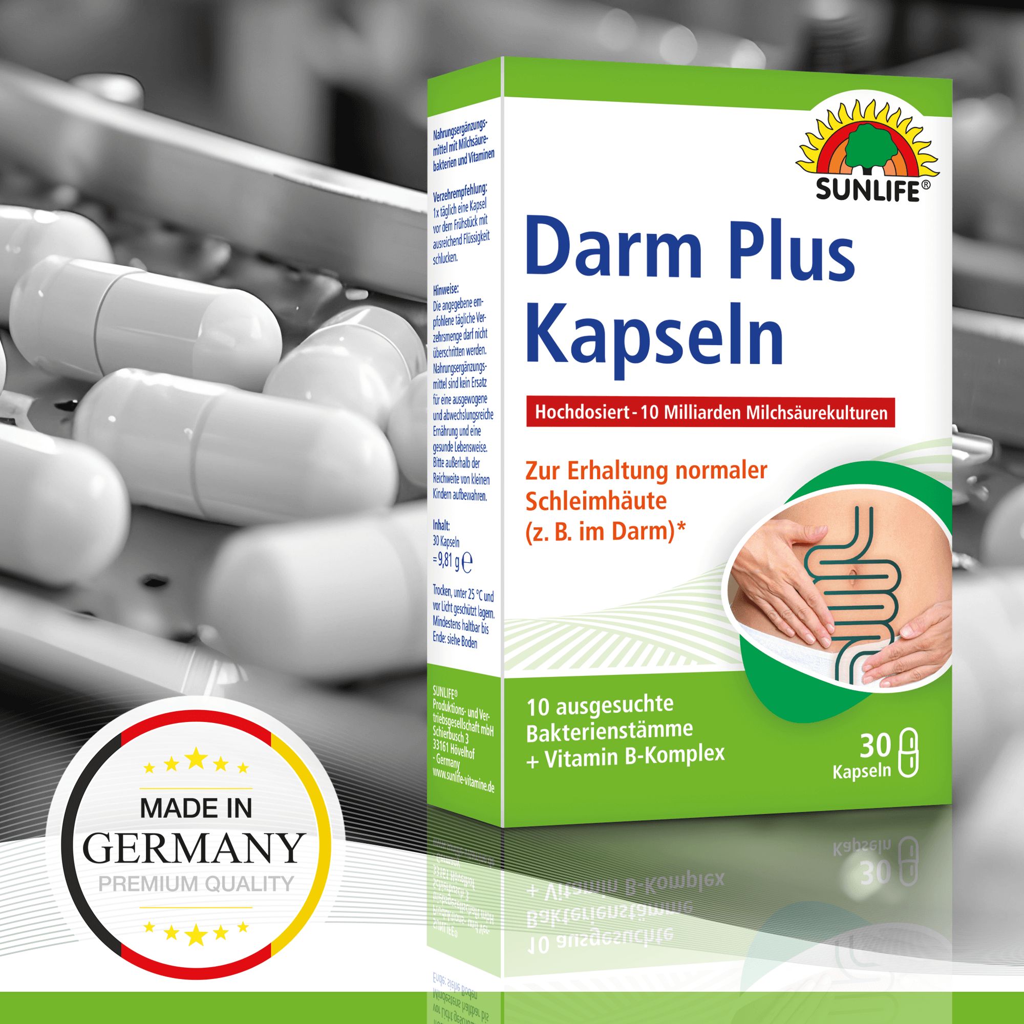 Verpackung von SUNLIFE® Darm Plus Kapseln. Aufschrift: Darm Plus Kapseln, 10 Milliarden Bakterien, 30 Kapseln. Grün-weiße Schachtel. Made in Germany.