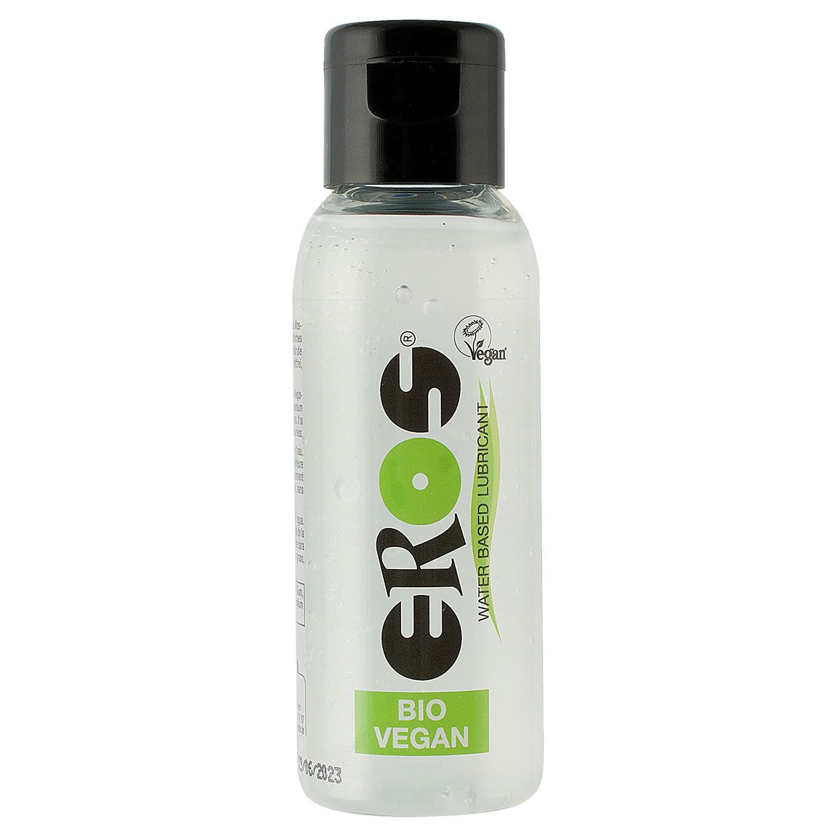 Eros Bio & Vegan Gleitmittel auf Wasserbasis in transparenter Flasche mit schwarzem Deckel.