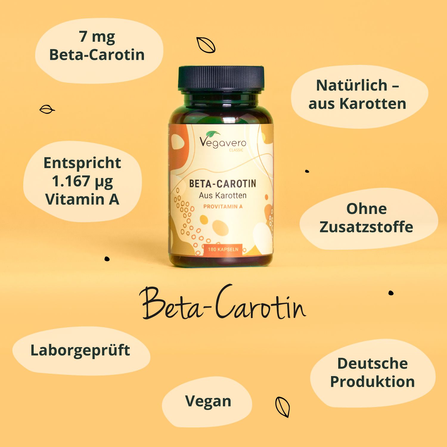 Dose Beta-Carotin-Kapseln mit Text. Angaben: 7 mg Beta-Carotin, 1.167 µg Vitamin A, natürlich aus Karotten, ohne Zusatzstoffe, vegan.