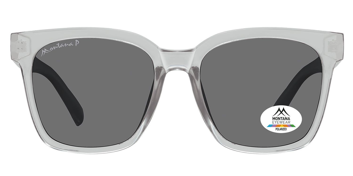 Sonnenbrille mit grau getönten Gläsern und transparentem Rahmen. Montana Eyewear Logo auf dem Glas und Bügel. Polarisiert.