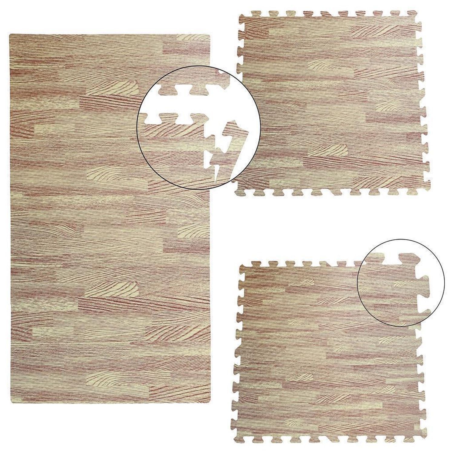 Drei Puzzleteile mit Holzoptik. Ausschnitte zeigen die Verbindungstechnik. Die Teile sind quadratisch und rechteckig.