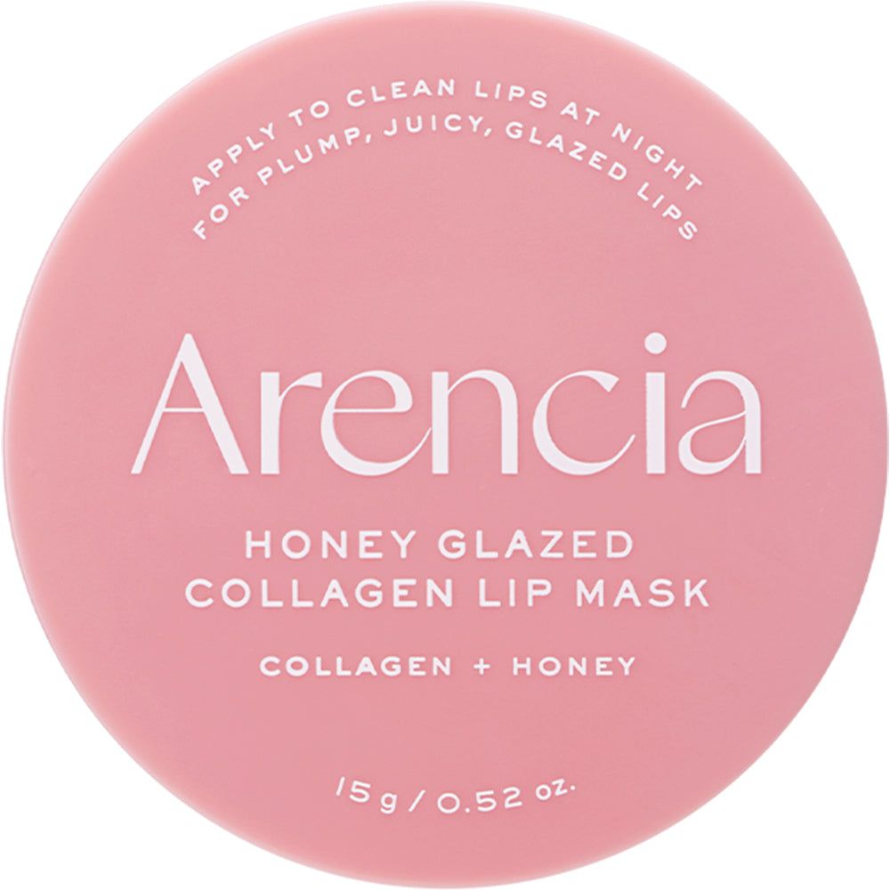 ARENCIA Honigglasierte Kollagen-Lippenmaske in rosa Dose.
