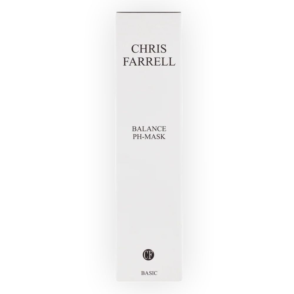 Weiße Verpackung mit schwarzem Schriftzug: CHRIS FARRELL, BALANCE PH-MASK, BASIC. Logo unten. Vertikale Ansicht.