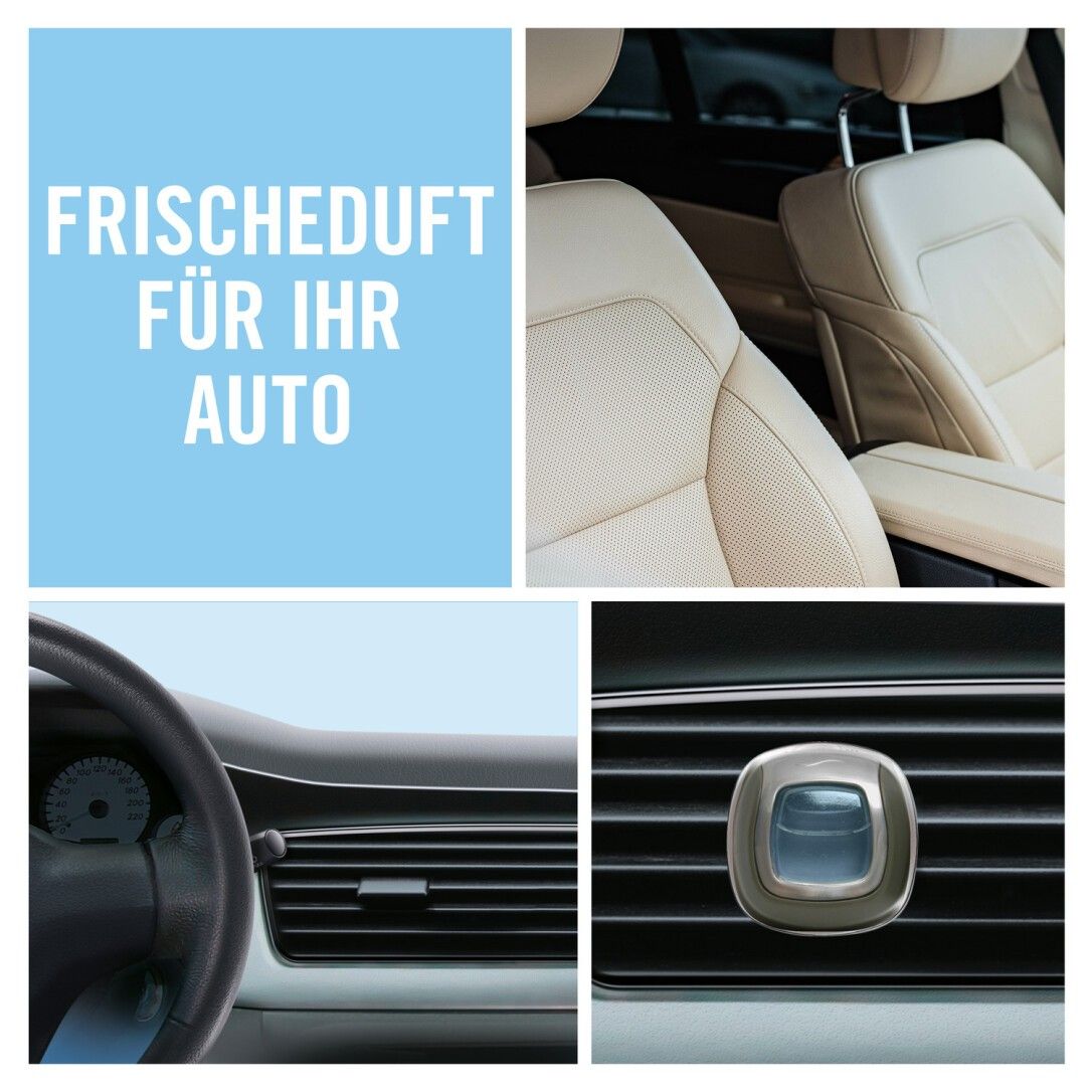 Kollage mit Innenraumdetails: Armaturenbrett, Sitze, und Lufterfrischer. Text: "FRISCHEDUFT FÜR IHR AUTO".