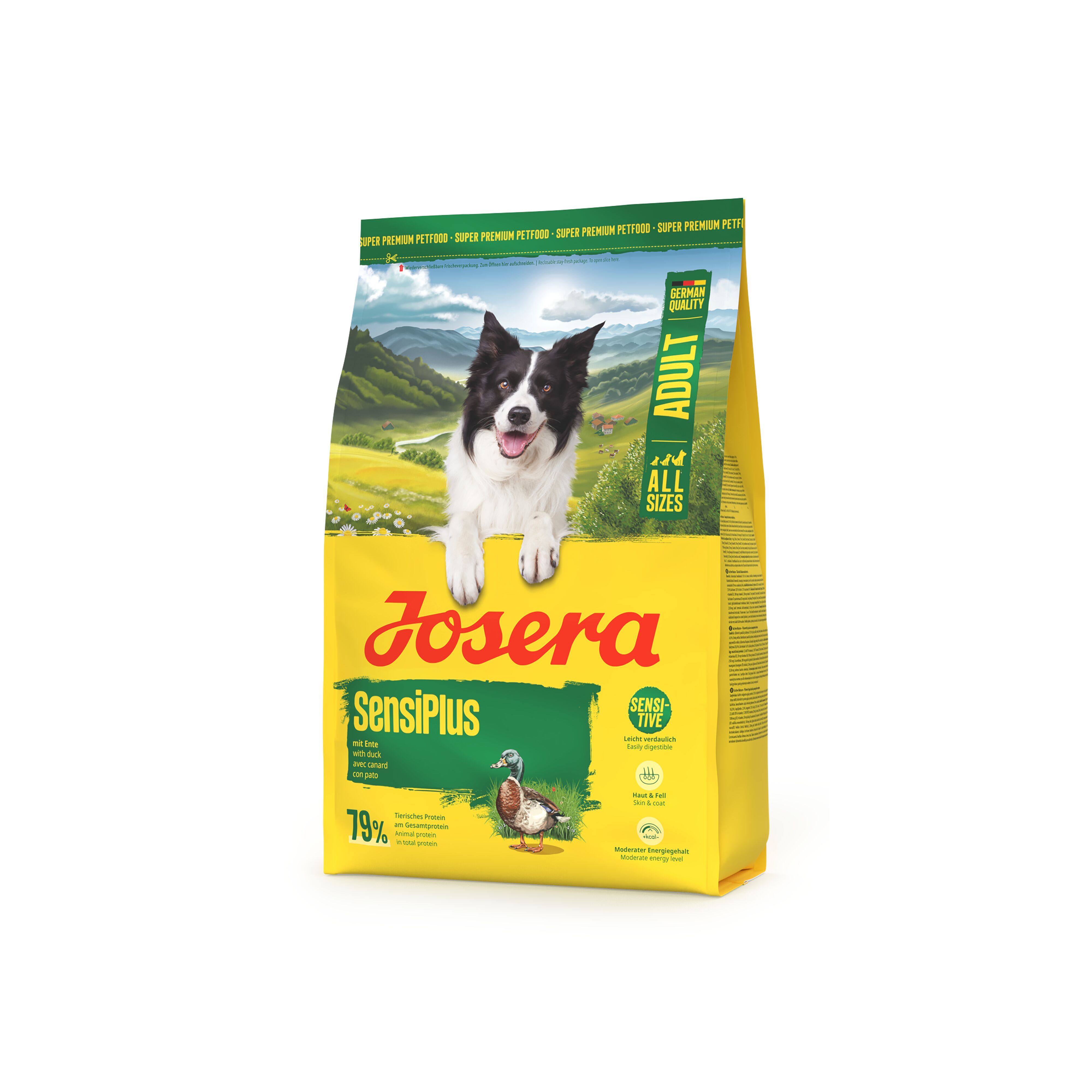 Gelber Beutel mit Hundefutter. Aufschrift: JOSERA SensiPlus, Adult, All Sizes. Abbildung eines Hundes und einer Ente.