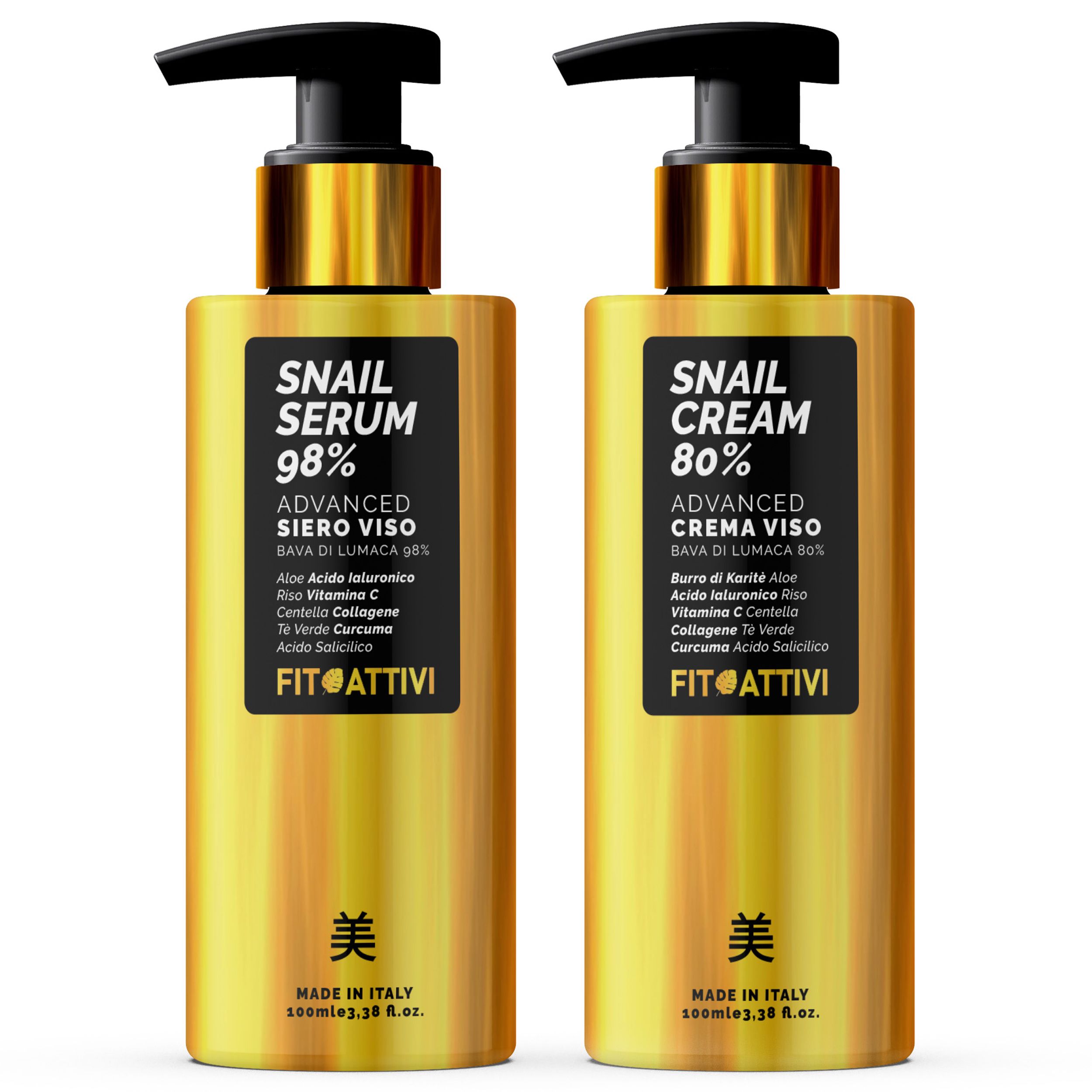 Zwei goldfarbene Flaschen mit schwarzen Pumpaufsätzen. Auf den Etiketten steht "SNAIL SERUM 98%" und "SNAIL CREAM 80%". Marke: Fitoattivi.