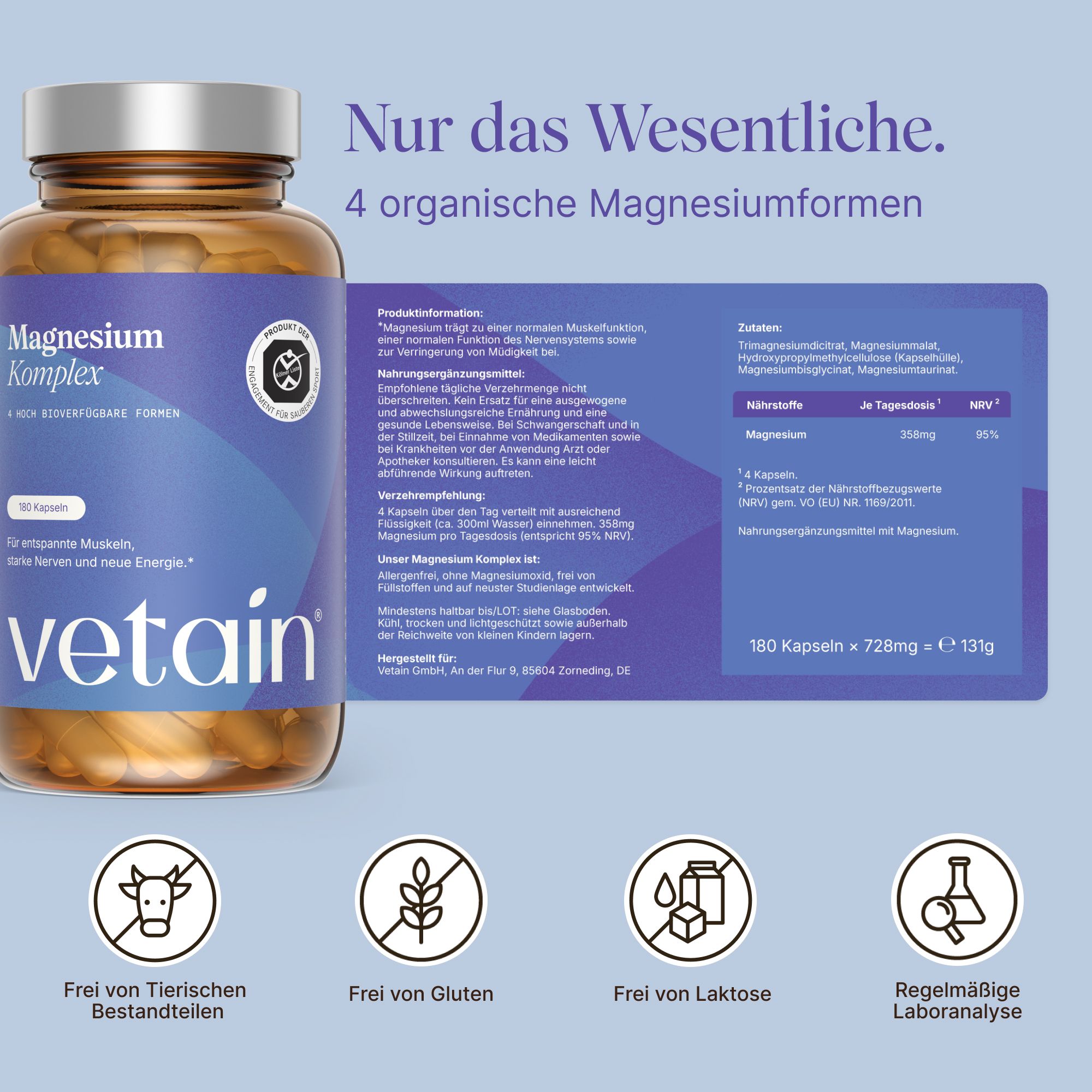 VETAIN Magnesium Komplex hochdosiert - 358mg pro elementares Magnesium/Tagesdosis