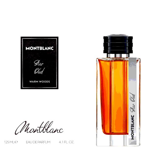 Parfümflasche mit schwarzem Verschluss und Etikett. Auf dem Etikett steht Montblanc Star Oud. Daneben eine Schachtel mit Logo und Produktnamen.
