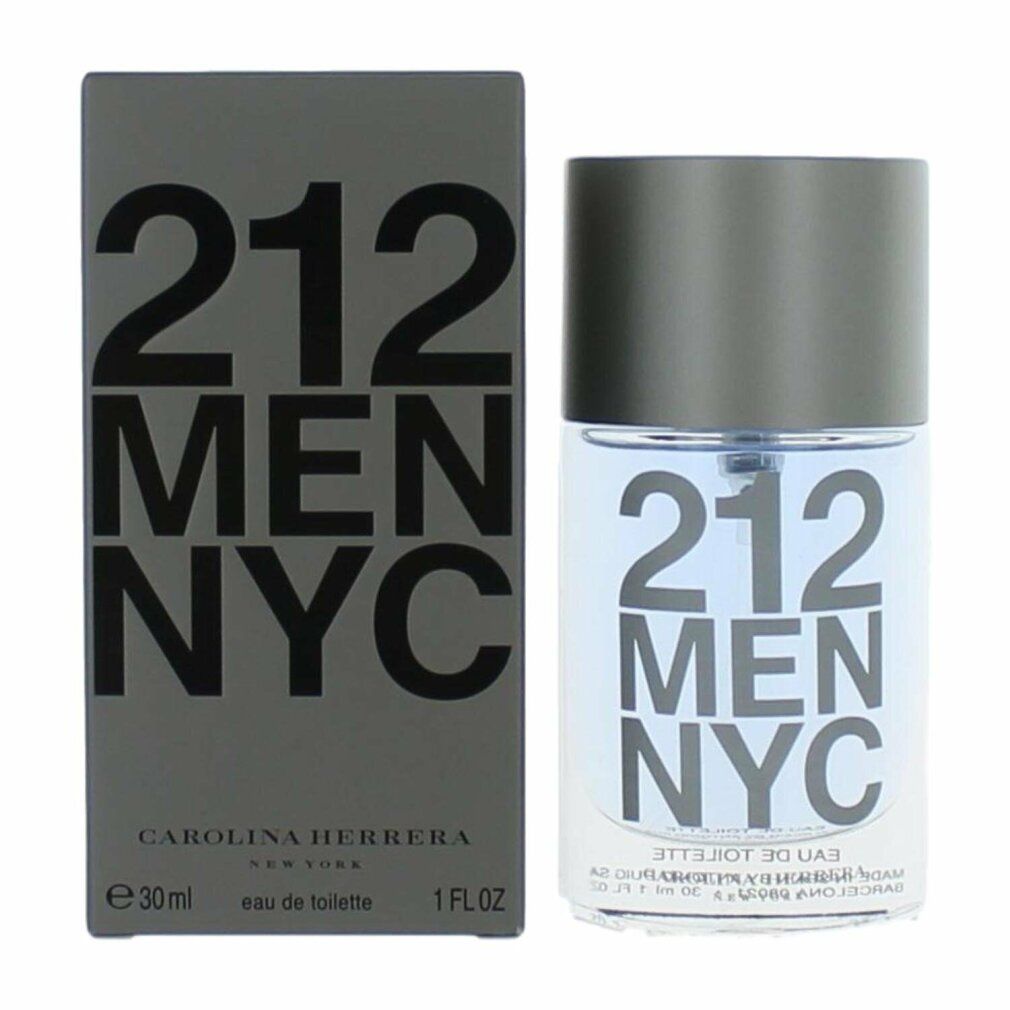 212 Men NYC Eau de Toilette Flakon und Schachtel. Graue Schachtel mit schwarzem Text. Der Flakon ist zylindrisch mit silberner Kappe.
