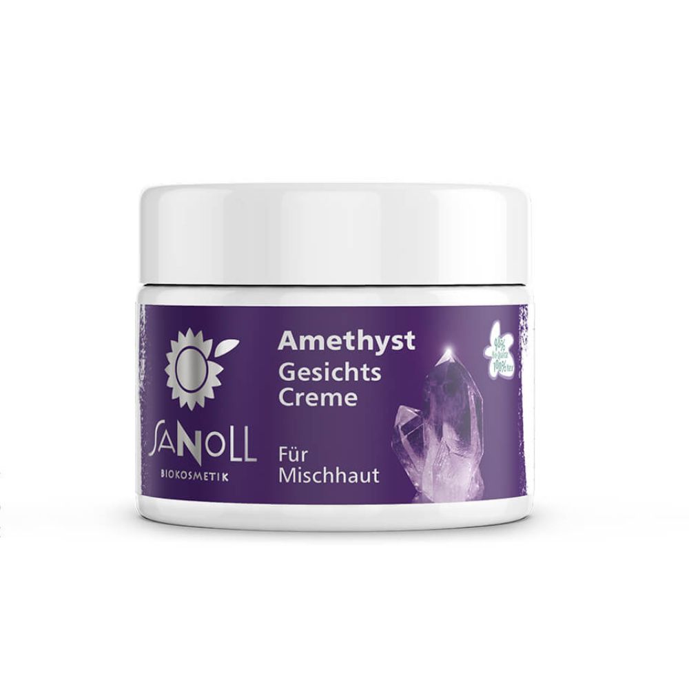Weißes Tiegel mit lila Etikett. Aufschrift: Amethyst Gesichts Creme, Sanoll Biokosmetik. Für Mischhaut.