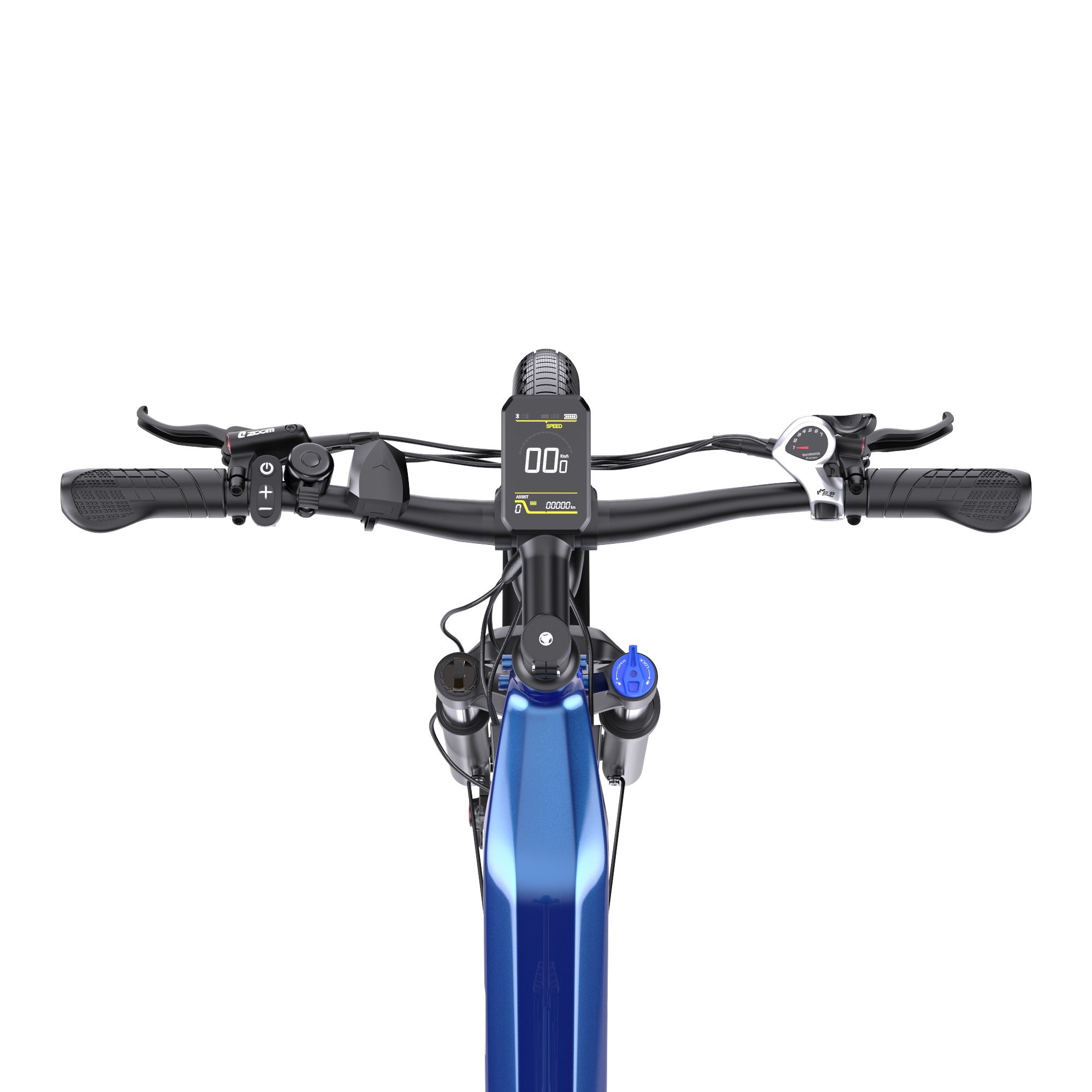 E-Bike-Lenker mit Display, Bedienelementen und blauer Gabel.