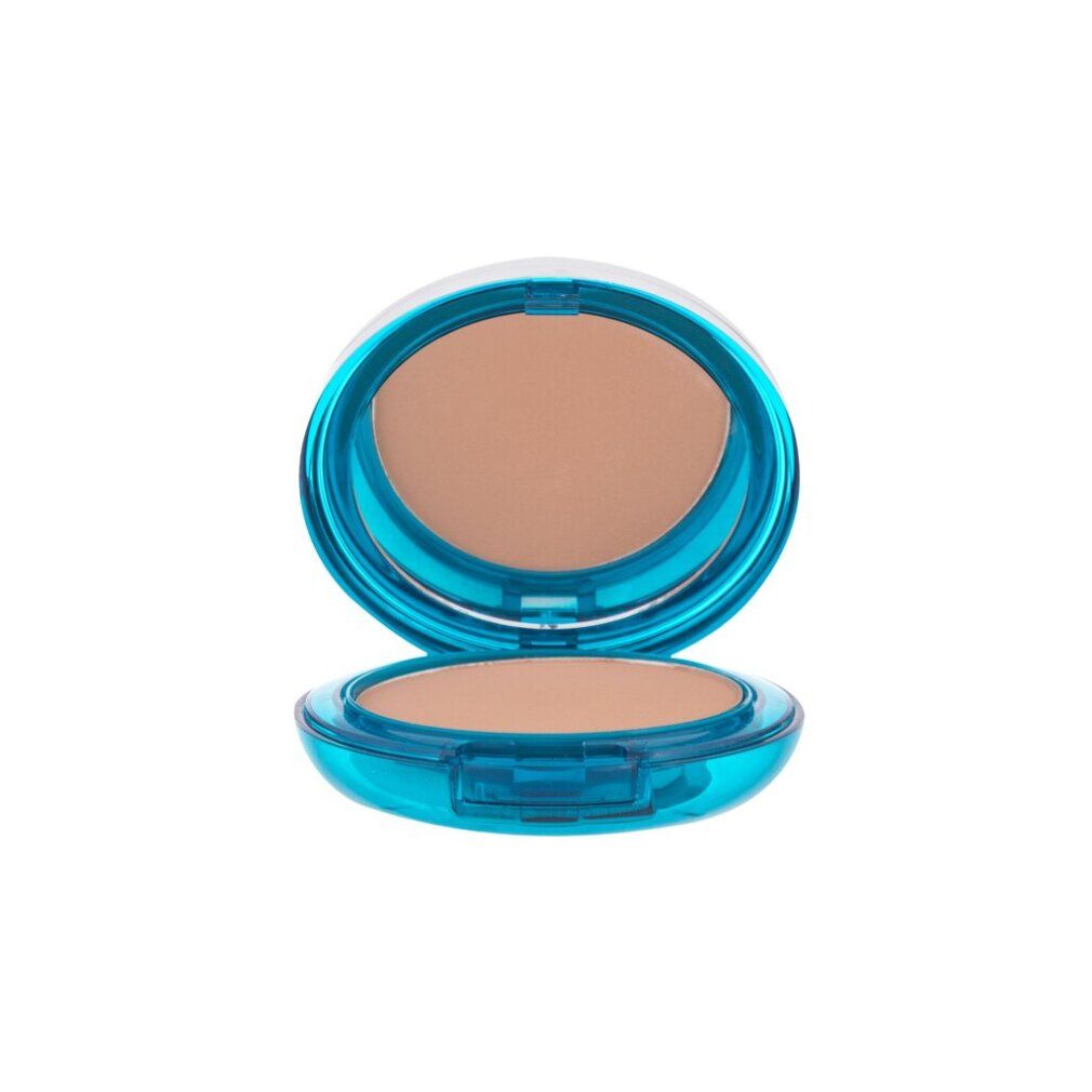 Offene, blaue Puderdose mit Spiegel und Puder. Hellbraune Farbe.