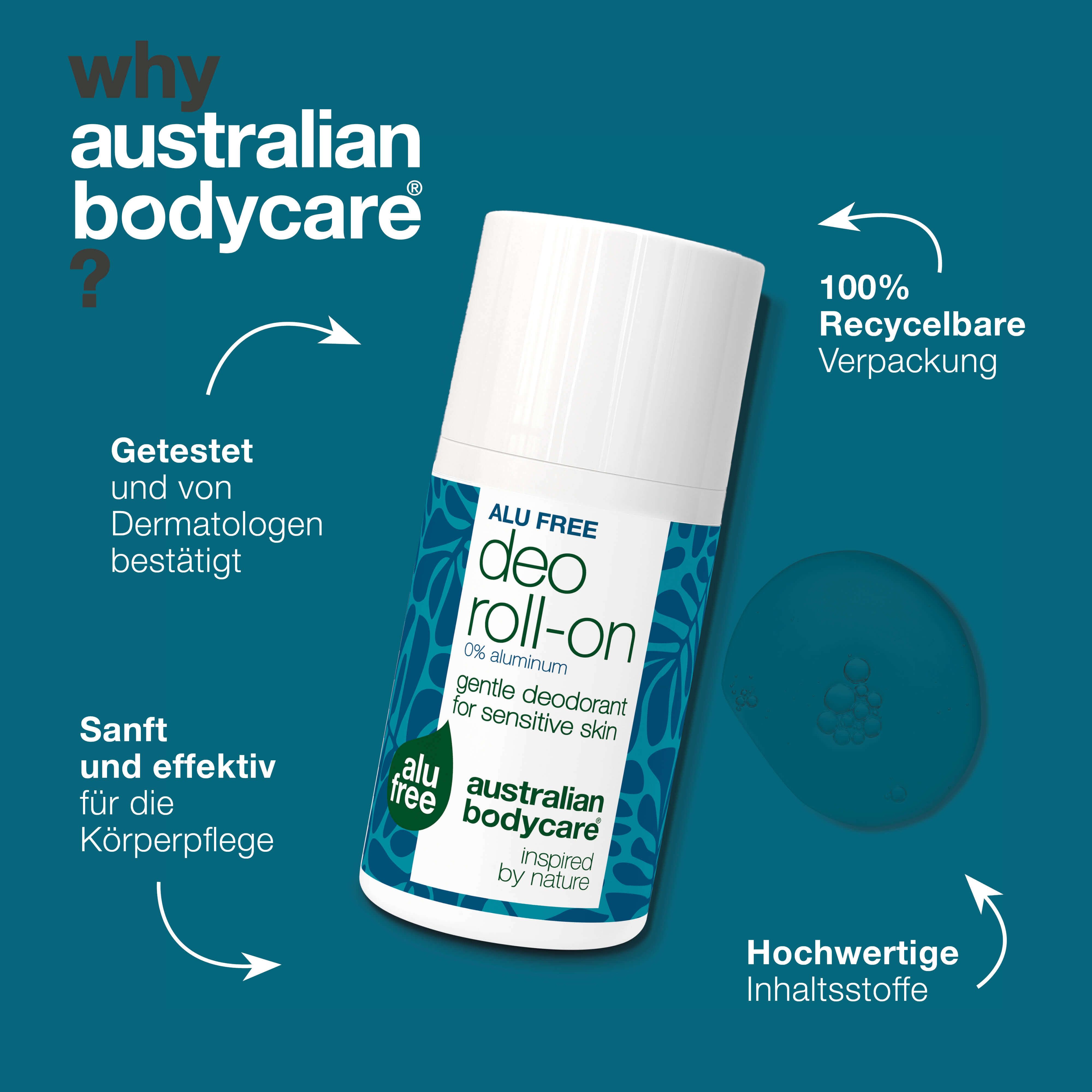 Deo Roll-on von Australian Bodycare. Text: Alu Free, Deo Roll-on, 0% Aluminium. Dermatologisch getestet. 100% recycelbare Verpackung.